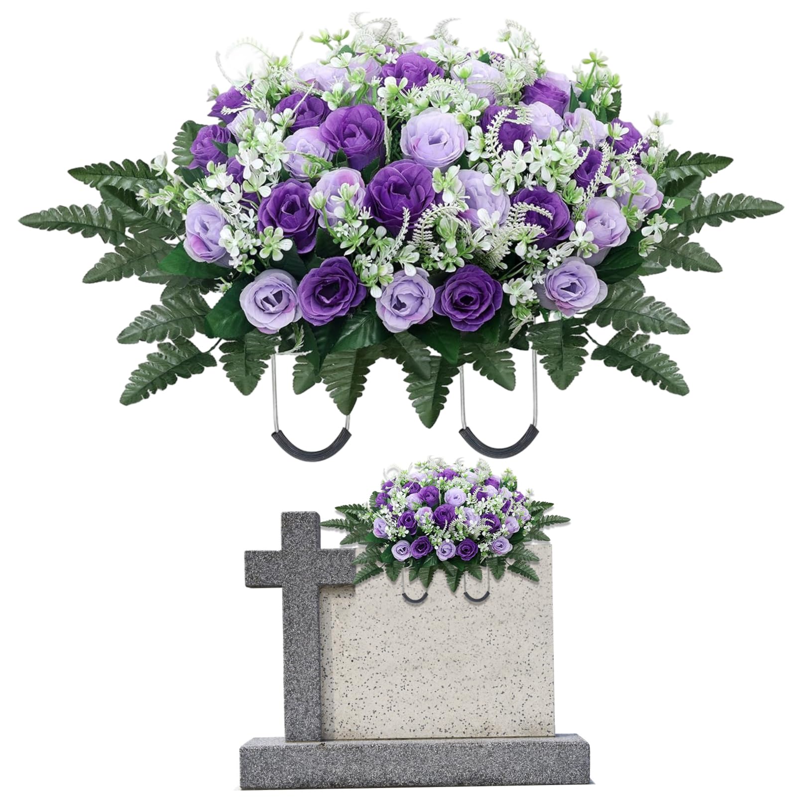 Licsaliwe Headstone Flower Saddle - Silk Cemetery Flowers for Grave, Lifelike Purple Rose Grave Decorations for Cemetery 26x14 Inch