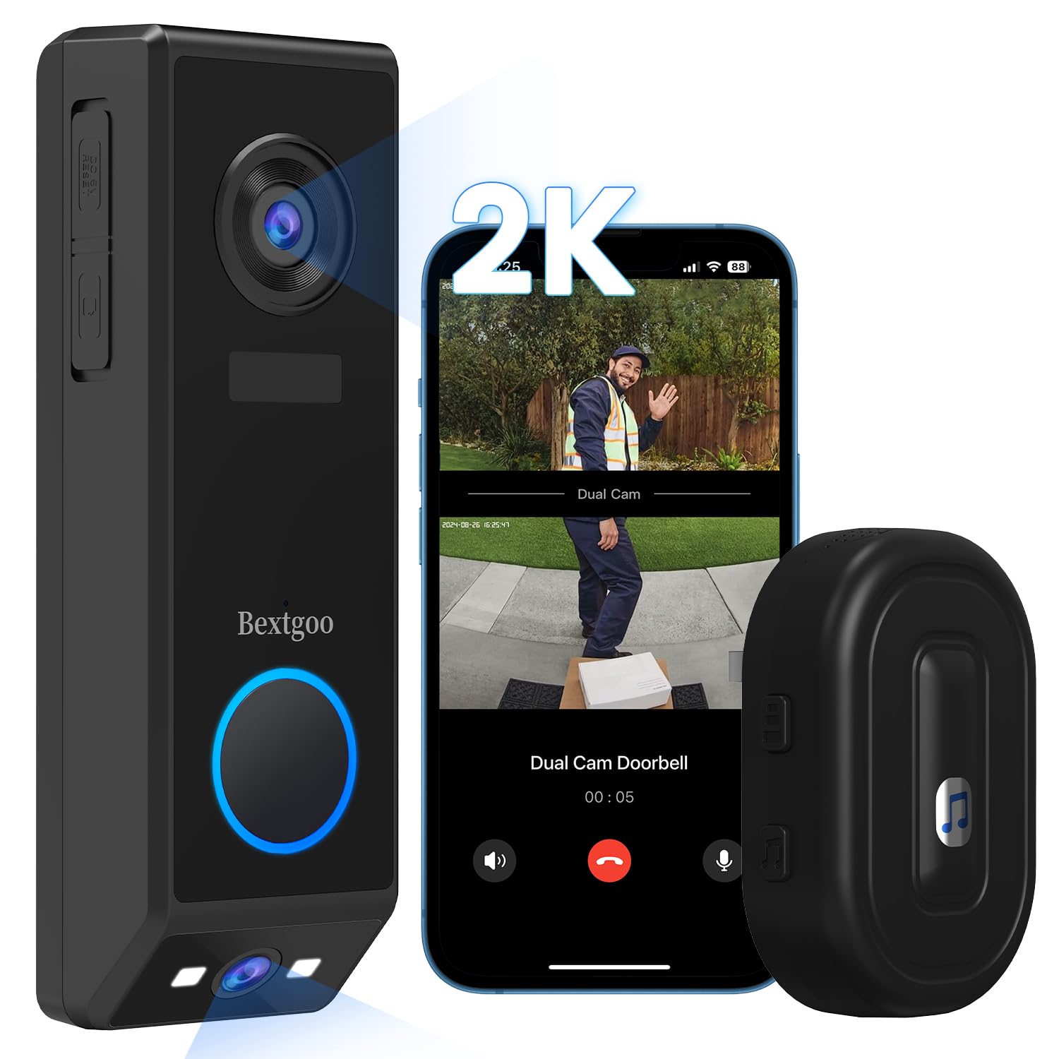 Dual-Lens Doorbell Camera Wireless, Bextgoo 2K FHD Video Doorbell Wireless With 10000mAh Battery, Voice Message, Smart Detection Alert, Night Vision, 2-Way Talk, IP67