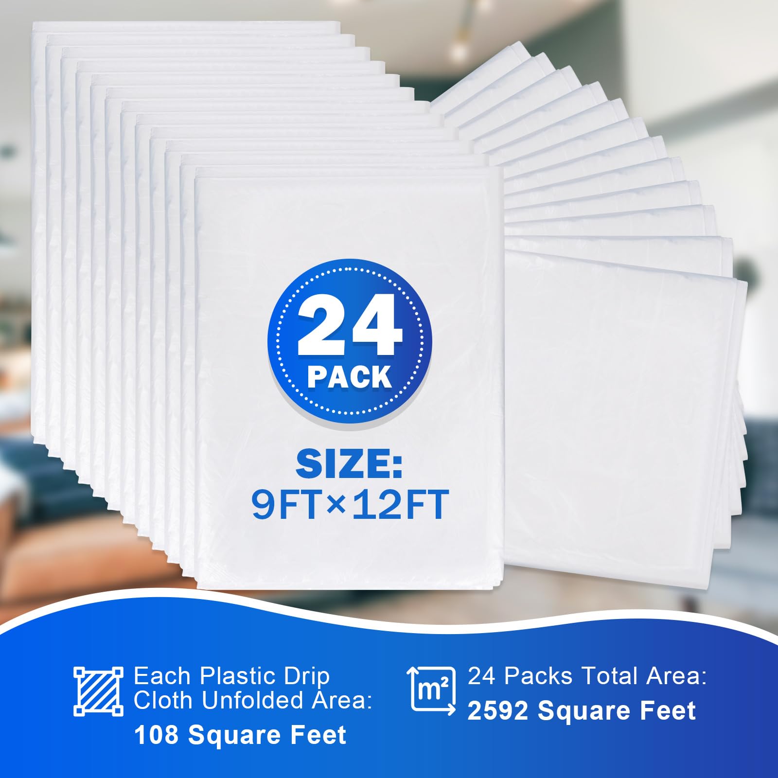 Confezione da 24 fogli di plastica extra large da 3,7 x 2,7 m, per pittori, leggeri e durevoli, copertura antipolvere in plastica trasparente, copertura in plastica, panno per vernice, protezione per