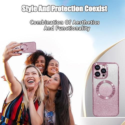 Miniatura 7 de Funda magnética con purpurina para iPhone 15 Pro Max, compatible con MagSafe, protección completa de la lente de la cámara, chapado de lujo, bonita