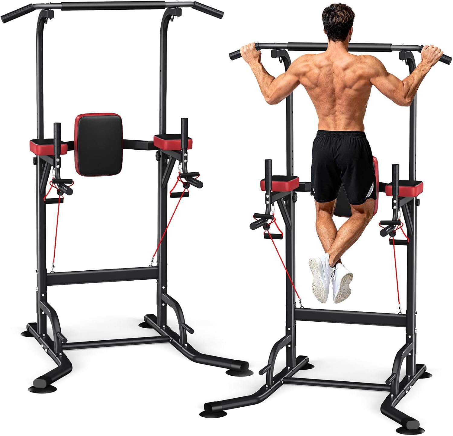 Dskeuzeew Power Tower Pull Up Bar Station for Home Gym Strength, 450LBS Pull Up Dip Station Assistive Trainer Height Adjustable with Elastic Ropes, Pull Up Bar Free Standing Heavy-Duty Fitness Equipme