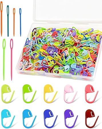 300pcs FIVEIZERO Stitch Markers with 6 pieces of large blunt sewing needles,colorful knitting markers,plastic crochet hook clip,bulk Crochet hook markers for knitting stitch locking clip crochet hooks