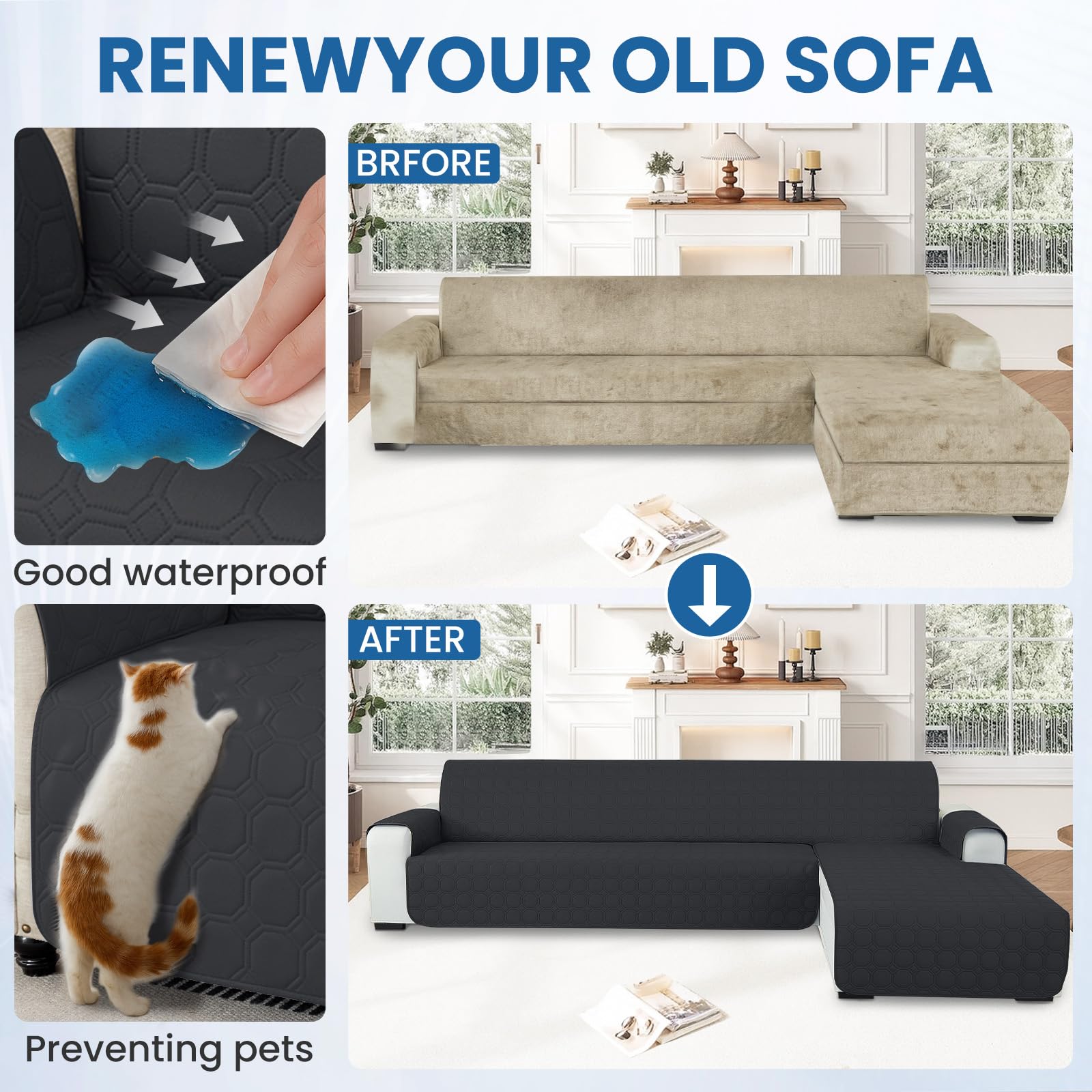 Ystyle Copridivano Impermeabile con Penisola 2 Posti (L 210 CM), Copridivano Angolare Destra/Sinistra Universale Reversibile, Copridivano Chaise longue Antigraffio Antimacchia, Nero