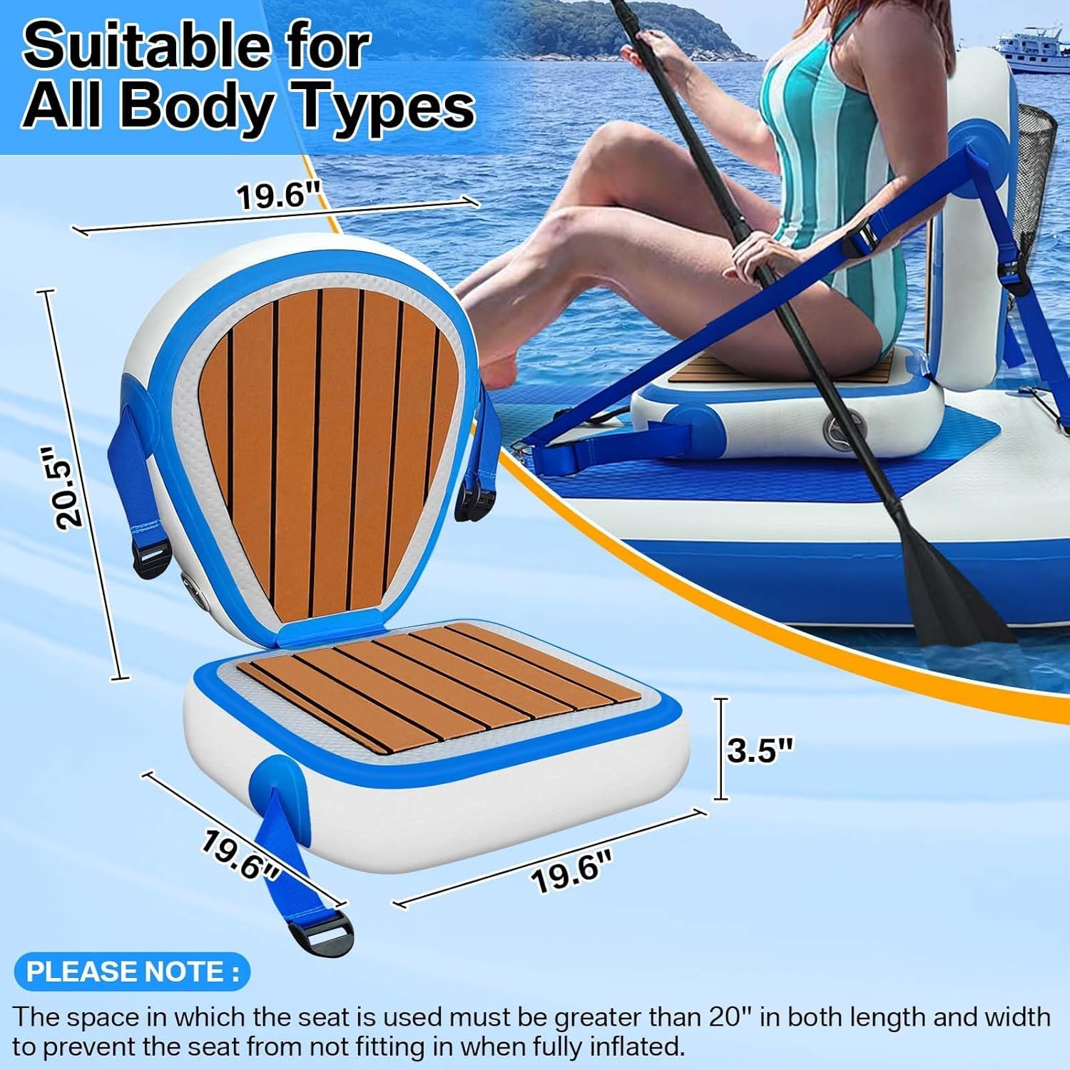 Asiento inflable para kayak con bolsa de malla y soporte para la espalda, 50 x 50 cm, universal, grueso, cojín ajustable, correa ajustable, para kayak, tabla de SUP, canoa, rafting y pesca