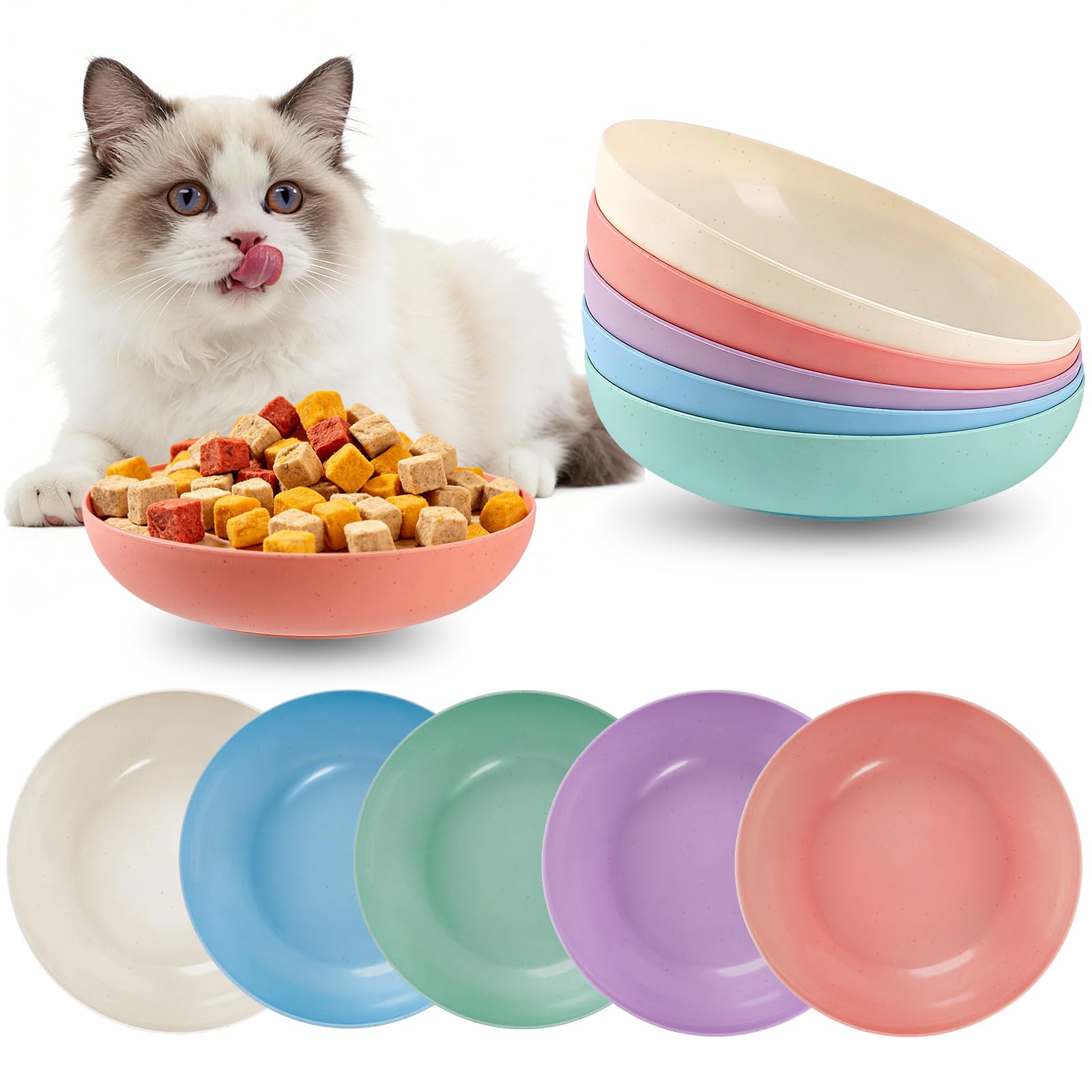 MOXYOY 5pcs Cat Bowls, Plastic Cat Food Bowls, Kitten Food Shallow Bowls, Whisker Fatigue Free Cat Water Bowls,Suitable For Small Cats, Short Legged Cats, Round