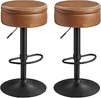 VASAGLE EKHO 360° Swivel Bar Stools Set of 2 - Adjustable Height 24.2-31.9", Storage Seat, PU Leather, Mid-Century Modern Caramel Brown