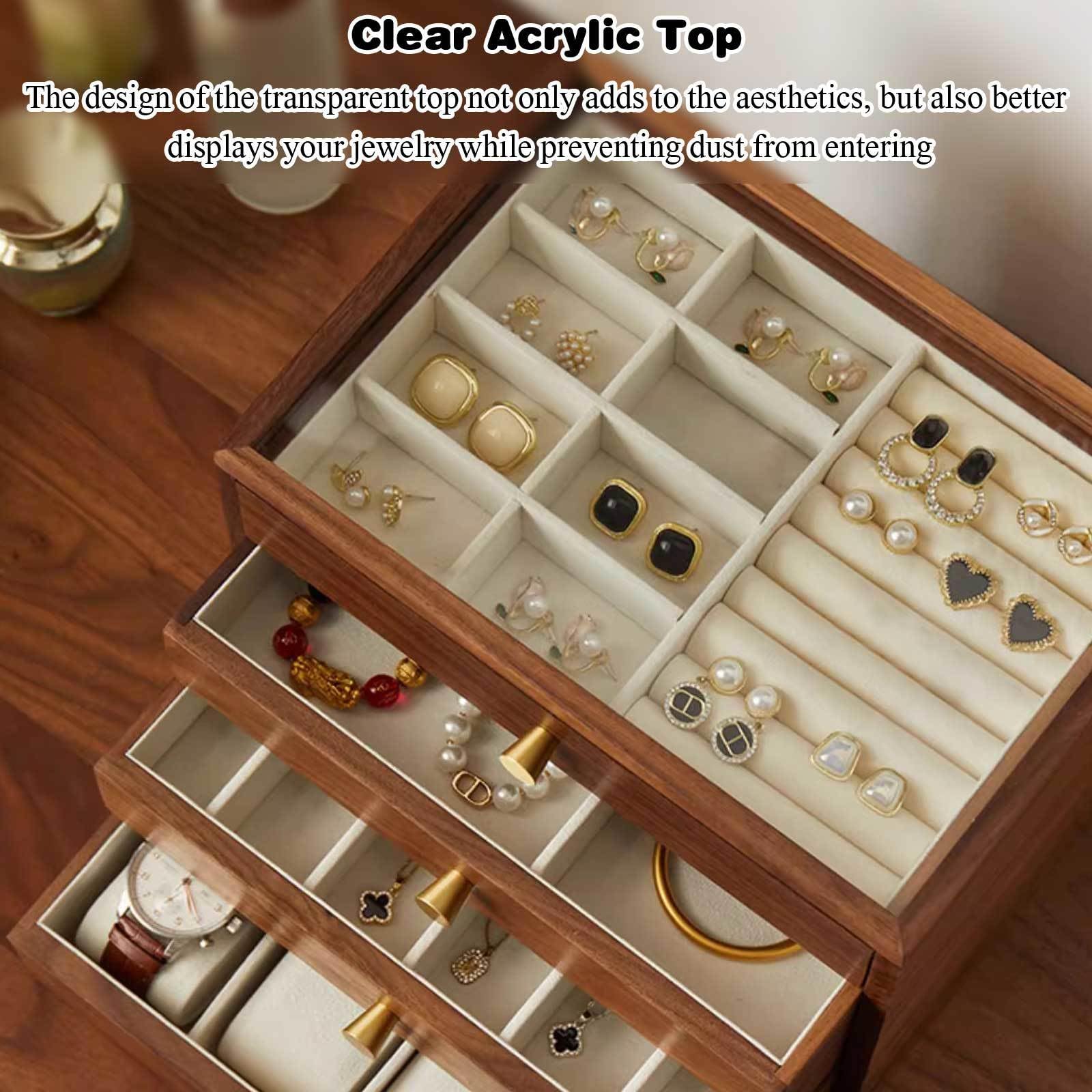 Jewelry box Drewniana szkatułka na biżuterię ze szklanym blatem, organizer, szuflady do przechowywania, różne rozmiary, brązowa