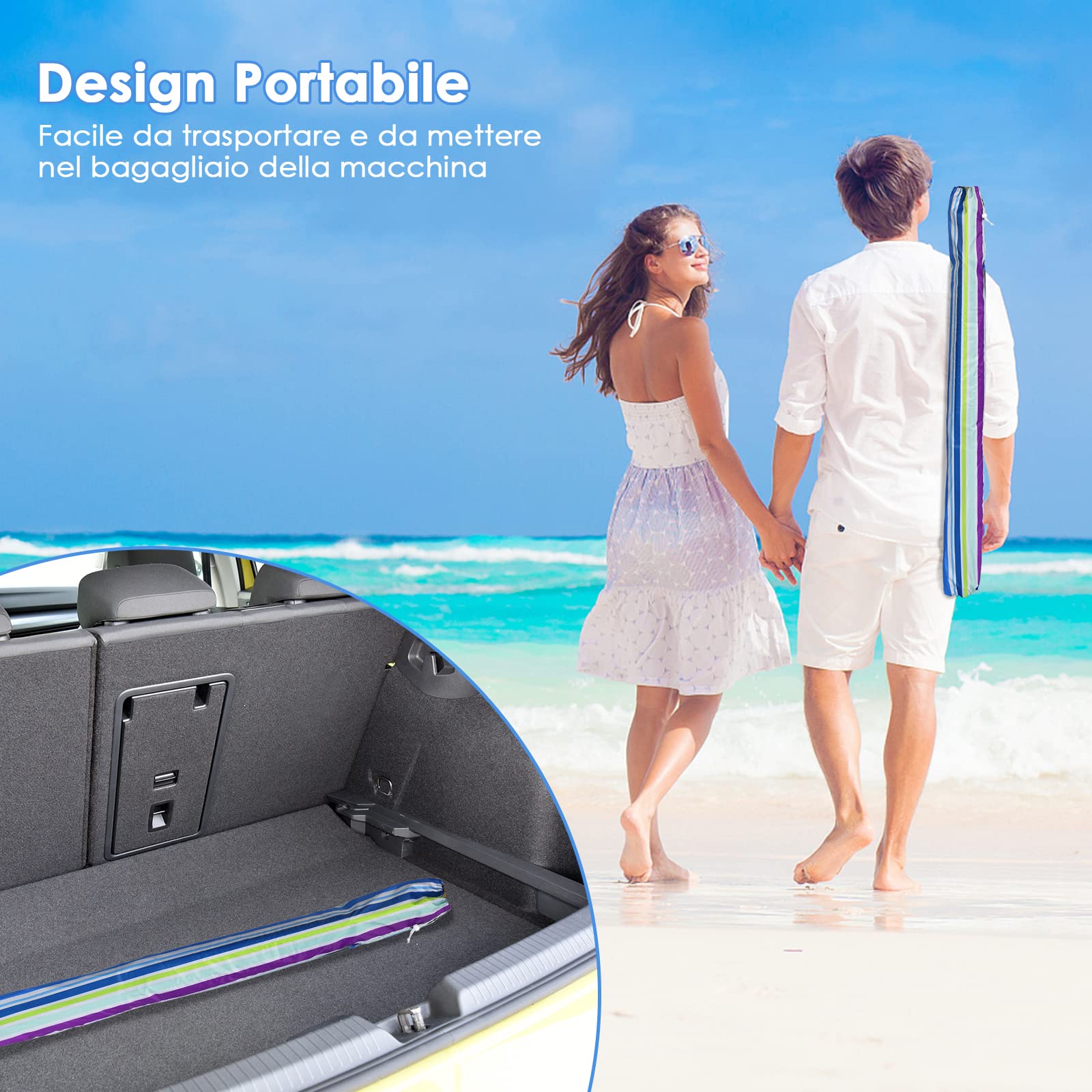 RELAX4LIFE Ombrellone da Spiaggia e Esterno 2,43M, Tettuccio Inclinabile, Protezione Solare UV50+, Telaio a 16 Stecche in Fibra di Vetro, Base non Inclusa, per Mare/Giardino/Campeggio (Righe Fini)