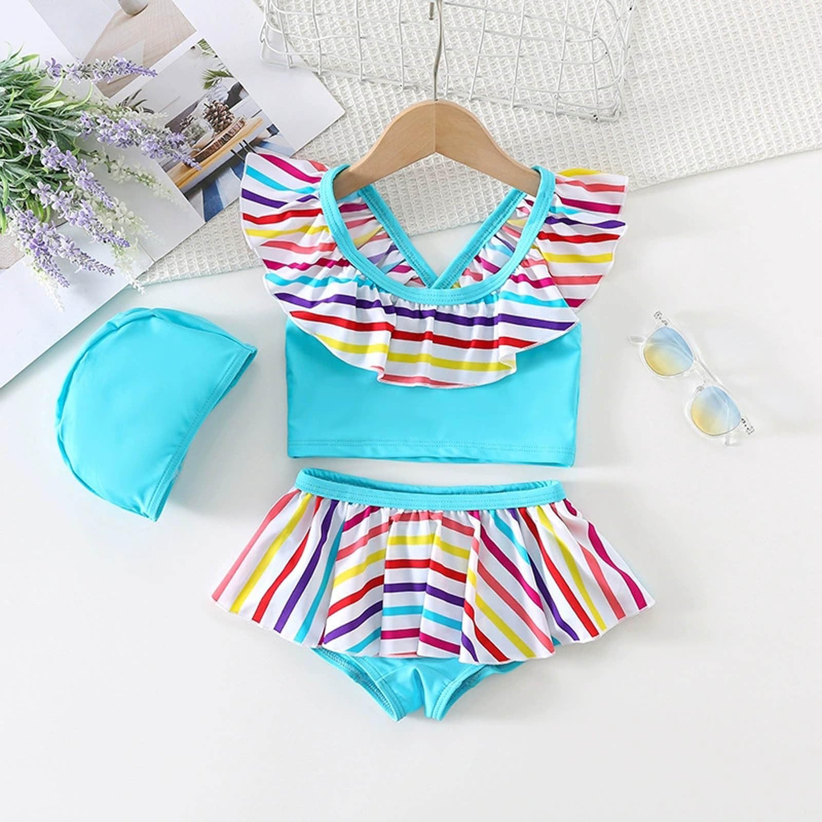 Generisch Bañador deportivo de dos piezas para niñas con falda de volantes y estampado floral para niños pequeños y niños, ideal para nadar en la playa