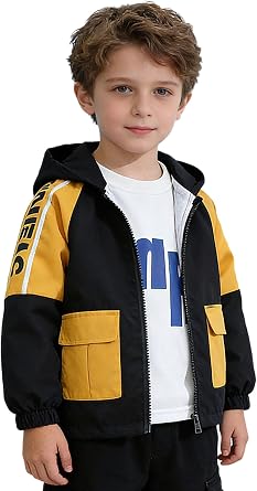 Kids Zipper Hooded Sweatshirt Boys Color Block Jacket Print Fleece Outerwear Coat with Pockets