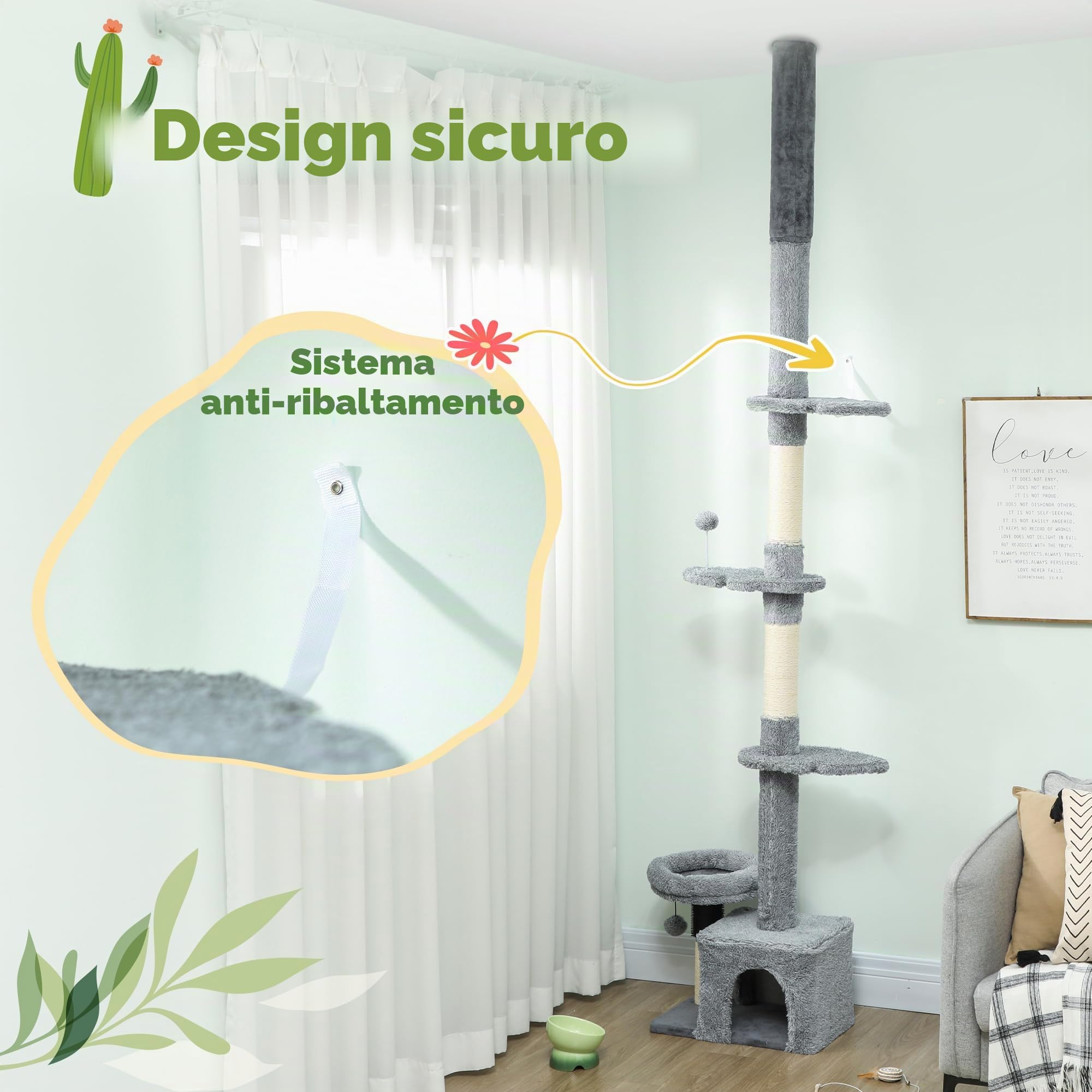 PawHut Albero per gatti da terra a soffitto, torre per gatti multilivello regolabile in altezza da 225 a 255 cm, con tiragraffi in sisal, cuccia, letto e palla sospesa, rivestimento in peluche, grigio