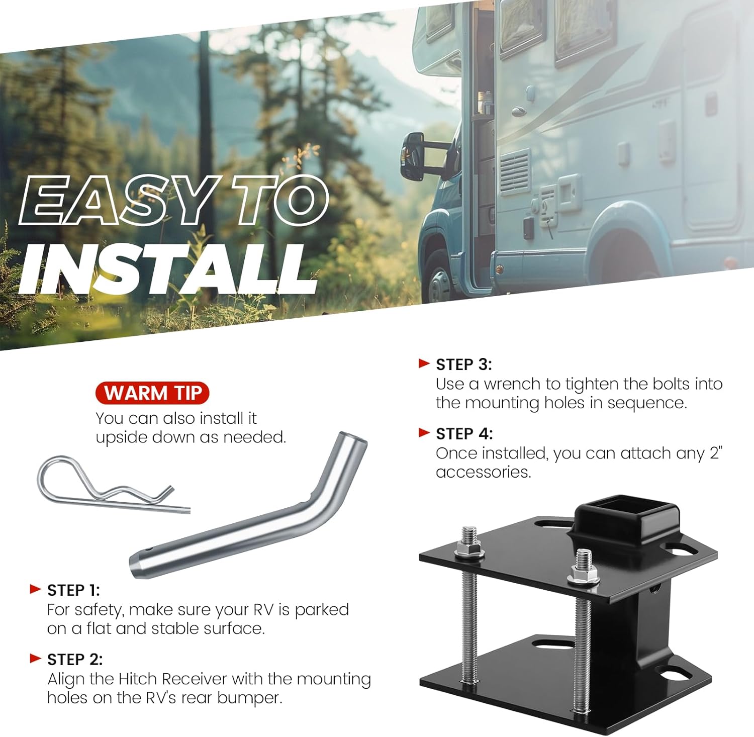 [2026 New] RV Bumper Trailer Hitch Receiver Adapter by puxyblue Compatible for 4" x 4" RV Rear Bumper - 2" Receiver with 3500 LBS Capacity Connect Various Accessories - 2 Year Warranty