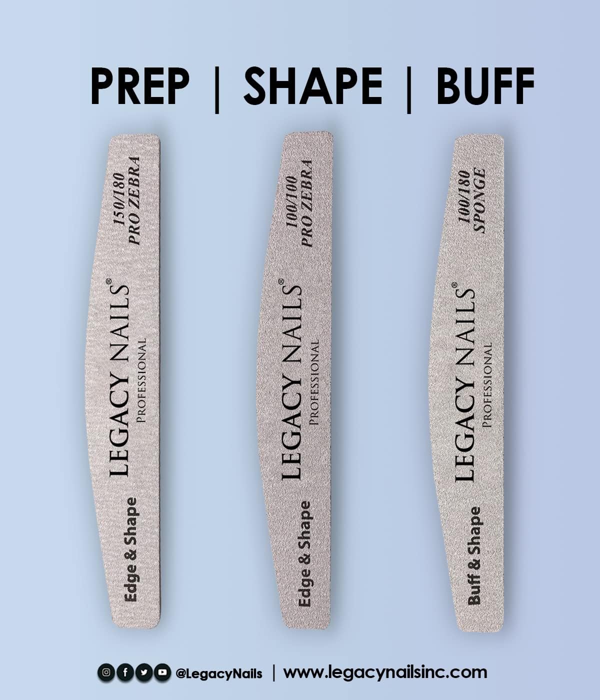 Legacy Nails 3-in-1 Professional Nail File Set – Half Moon 100/180 Sponge Buffer, Pro Zebra Nail File 100/100 & 150/180 – Buff, Shape & Smooth for Acrylic, Gel & Natural Nails – Salon-Quality Manicure
