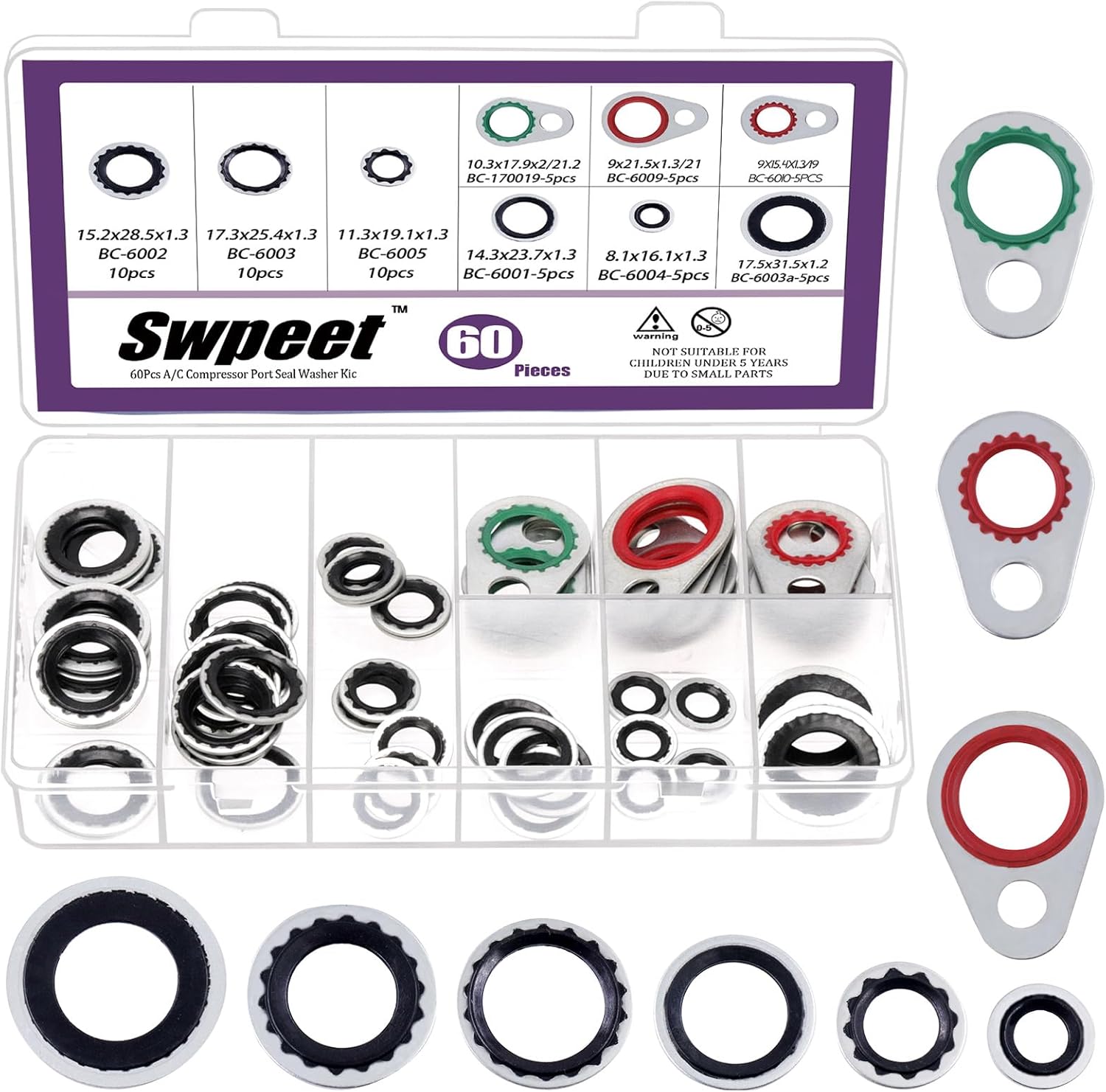 Swpeet 60Pcs 9 Size A/C System Compressor Gasket Seals Assortment Kit, Air Conditioning Compressor Port Seal Washer, Bonded Gasket Seal, A/C Compressor Seal Gasket