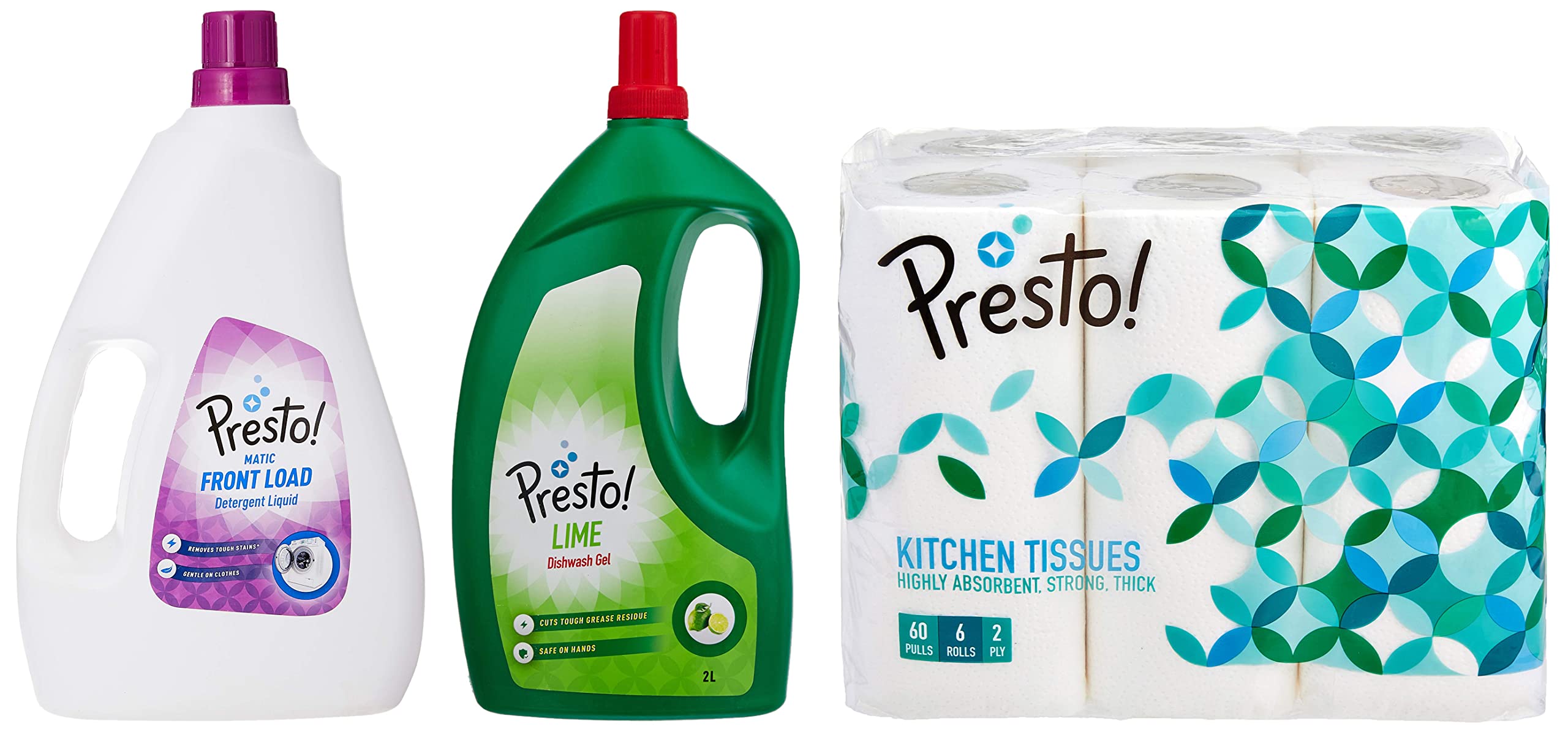Presto! 2 Ply Kitchen Tissue/Towel Paper Roll - 6 Rolls (60 Pulls Per Roll) & Amazon Brand - Presto! Dish Wash Gel - 2 Litre (Lime) & Amazon Brand - Presto! Matic Front Load Detergent Liquid - 2 L (B0BD255FPR) Amazon Price History, Amazon Price Tracker