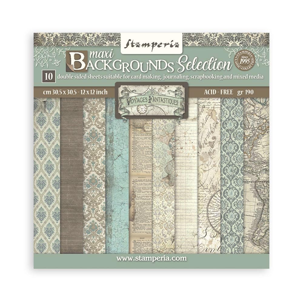 Stamperia International KFT Stamperia Scrapbooking Pad 10 Sheets 30.5 x 30.5 (12x12) Maxi Background Selection Voyages Fantastiques, Multicoloured, 12 x 12 inch