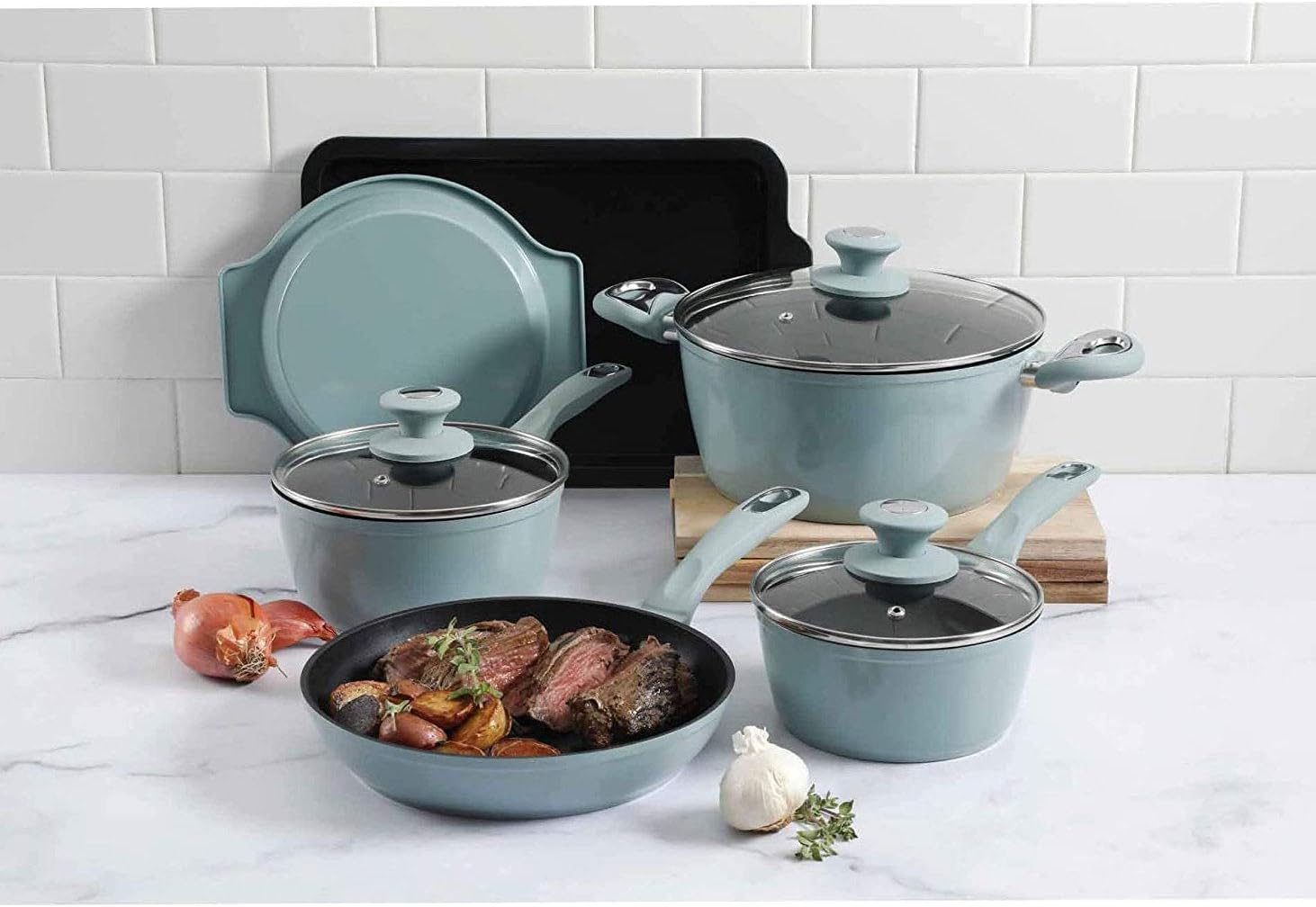 Lynhurst 12 pc Dusty Blue Aluminum Cookware Combo Set - Nonstick - Induction Base - Soft Touch Bakelite Handle