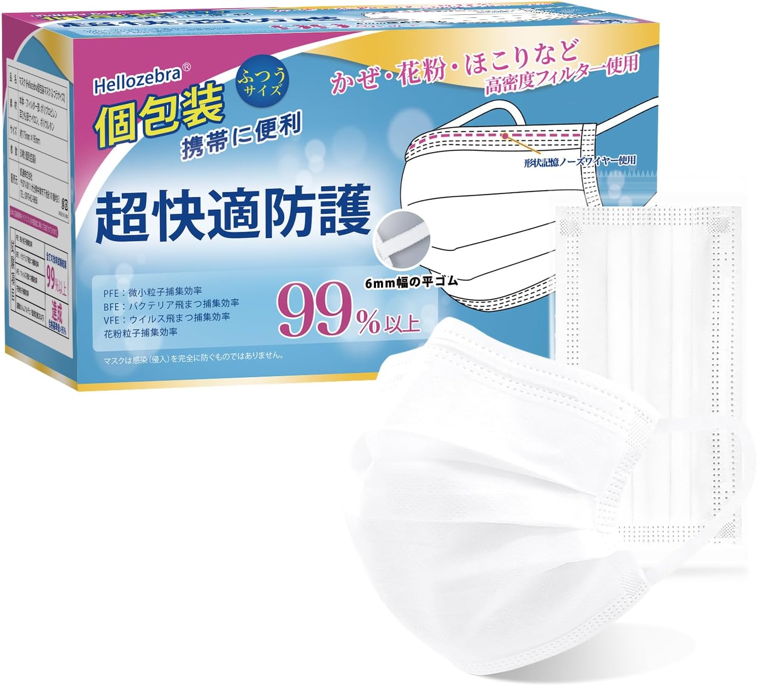 [Hellozebra] マスク 不織布 個包装 プリーツ型 ホワイト 使い捨て 3層フィルター 柔らか素材 通気性 肌にやさしい 耳が痛くない 呼吸ラクラク 息がしやすい 花粉・ウイルス対策 男女兼用 日本認証済み [正規品]