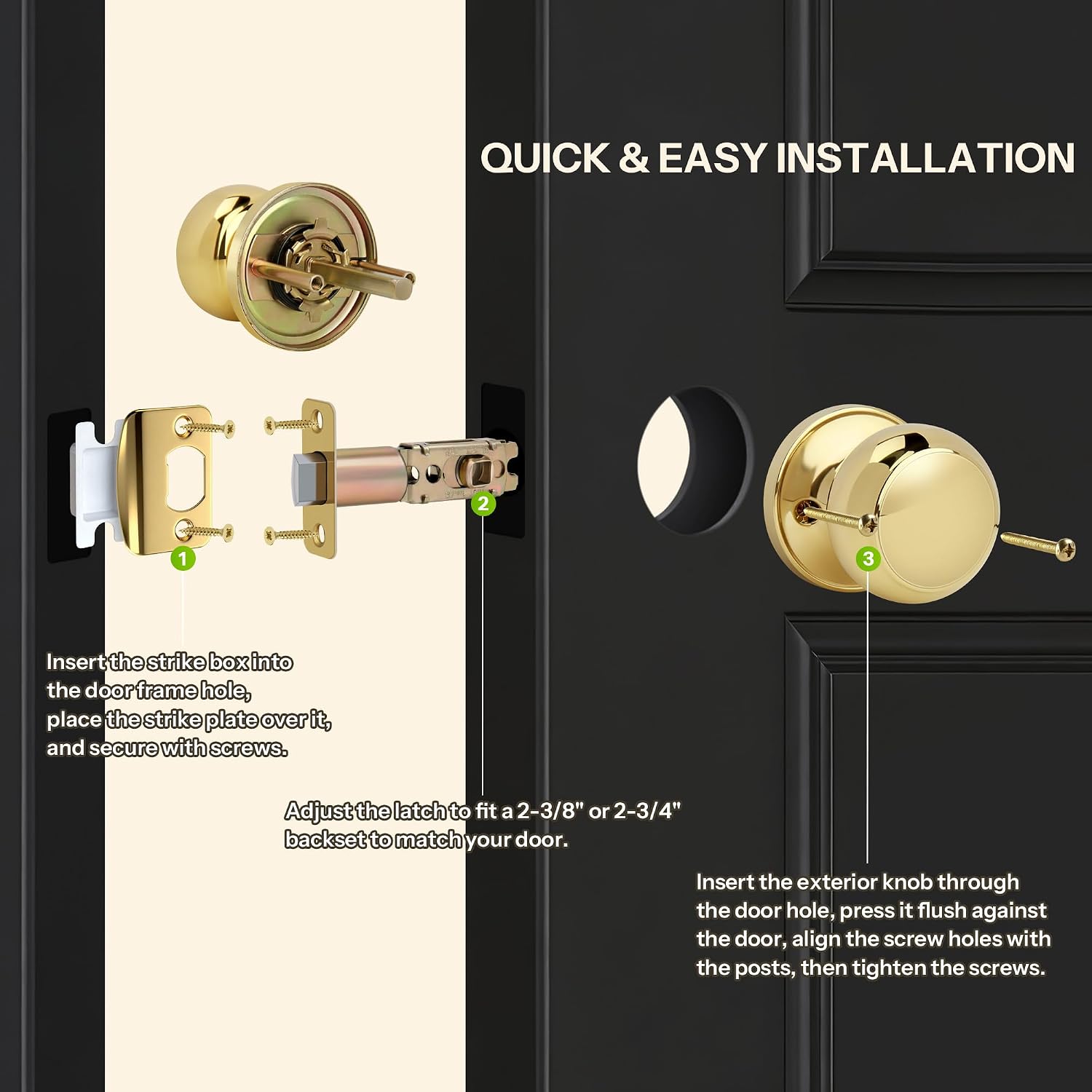 Flat Ball Door Knob Without Key and Lock, Non-Locking Passage Round Design Doorknob for Hallway/Closet, Polished Brass Finish