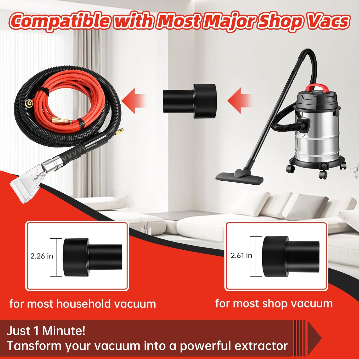Extractor Kit for Shop vac, Extractor Hose Kit for Shop vac with 11 Ft Hose & 26 Ft Water Line, Vac Extractor Kit for Carpet & Upholstery Cleaning, Suitable for Home & Commercial Use