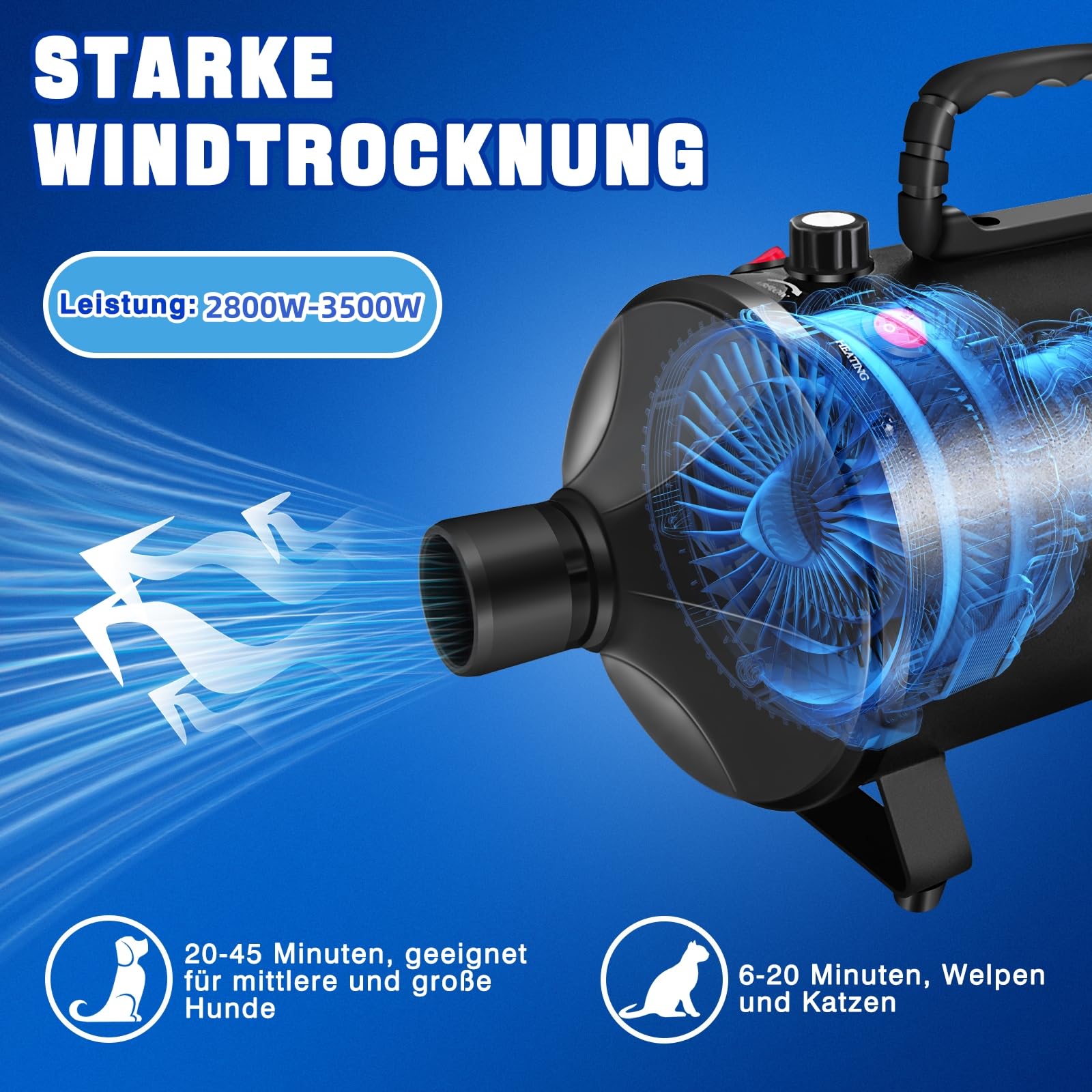3500W Hundefön Blower Sehr Leise Tierhaartrockner Blower Hundefön Einstellbare Geschwindigkeit mit 4 Düsen Pet Dryer Fön für Haustiere Haustier Hundepflege Trockner Hundetrockner Gebläse für Hunde