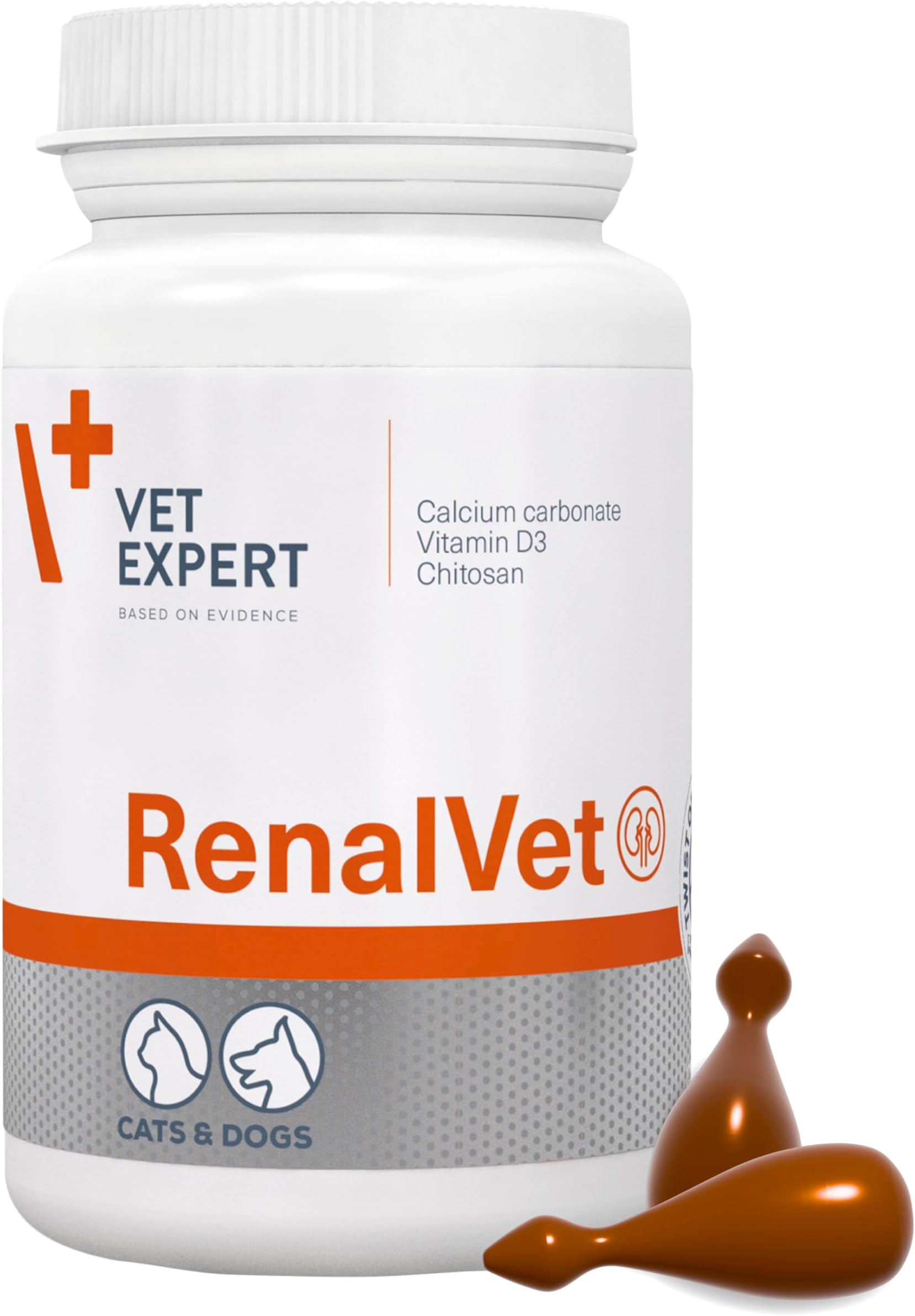 Vet Expert RenalVet for Dogs and Cats – Phosphate Binder and Kidney Support Supplement with Calcium Carbonate, Chitosan, and Vitamin D3 for Chronic Renal Failure (60 Twist-Off Capsules)