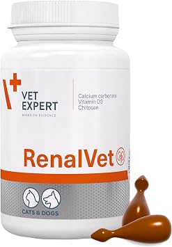 خبير بيطري RenalVet للكلاب والقطط رابط الفوسفات ومكمل دعم الكلى مع كربونات الكالسيوم والشيتوزان وفيتامين د3 للفشل الكلوي المزمن 60 كبسولة ملتوية