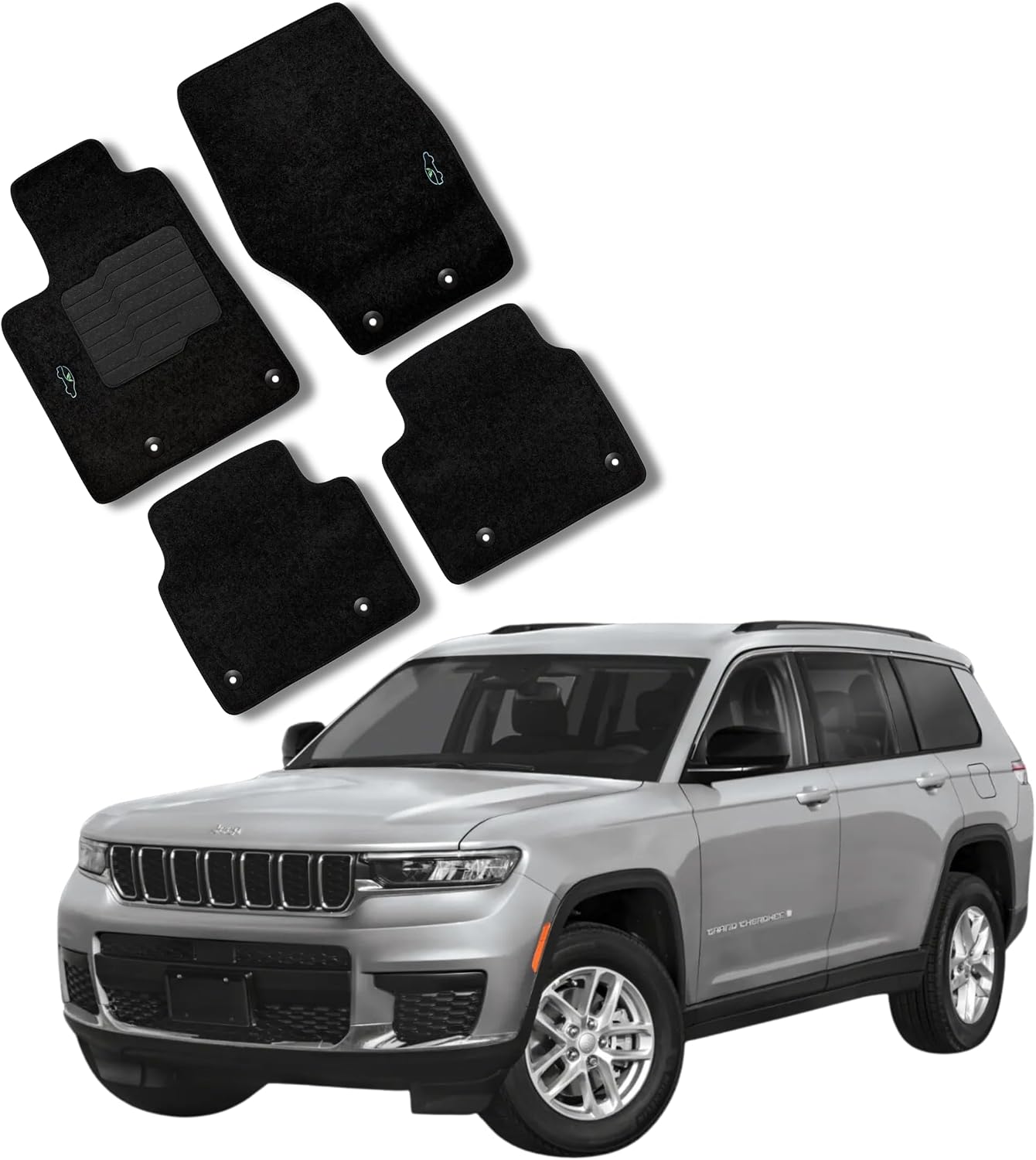 ecoMats Carpet Floor Mats Fit for Jeep Grand Cherokee L 2021-2026, Custom Fit Floor Liner for front and rear row, Driver Heel Pad, Safety Grommets, Black (Does not Fit Regular 5-seater Grand Cherokee)