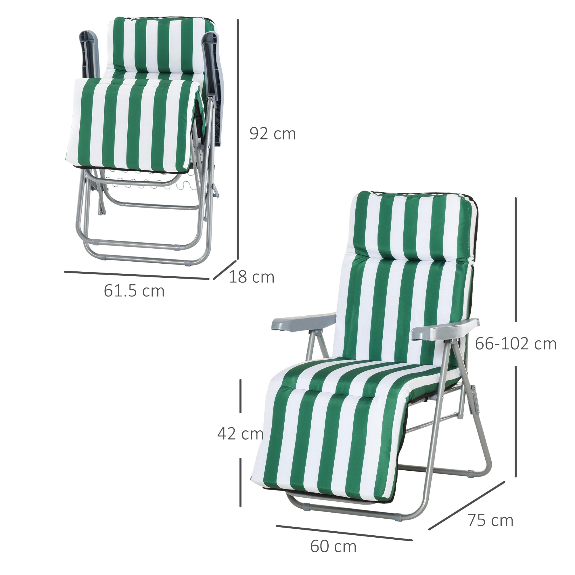 Outsunny Sedia Sdraio da Spiaggia da 2 Pezzi Pieghevole Verde e Bianco | Lettini Prendisole, Sdraio da Giardino, Reclinabile, con Cuscino Imbottito