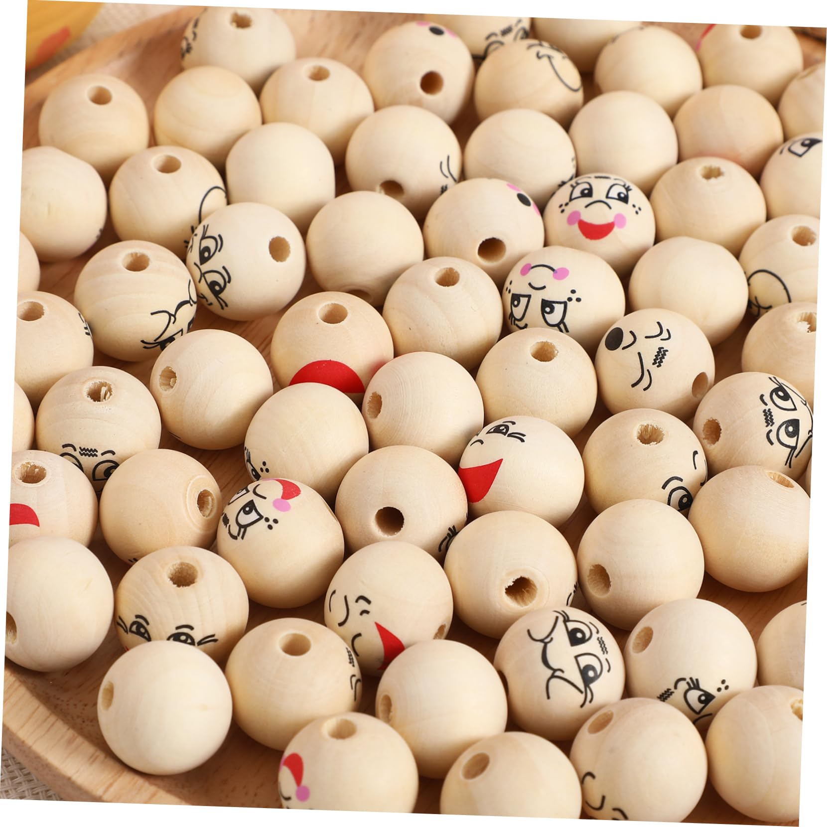 Hohopeti 80 Cuentas de Madera Redondas con Cara Sonriente y Agujeros Grandes para Manualidades, Pulseras y Creación de Guirnaldas