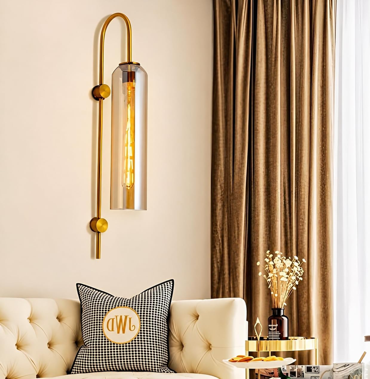 Long Glass Wall Light with Modern Gold Finish Fixture Metal for Bedside, Bedroom, Living Room, Drawing Room, Passage, Show Peice, Home, Hotel, Bar, Cafe, with 30cm Long Bulb (Gold)