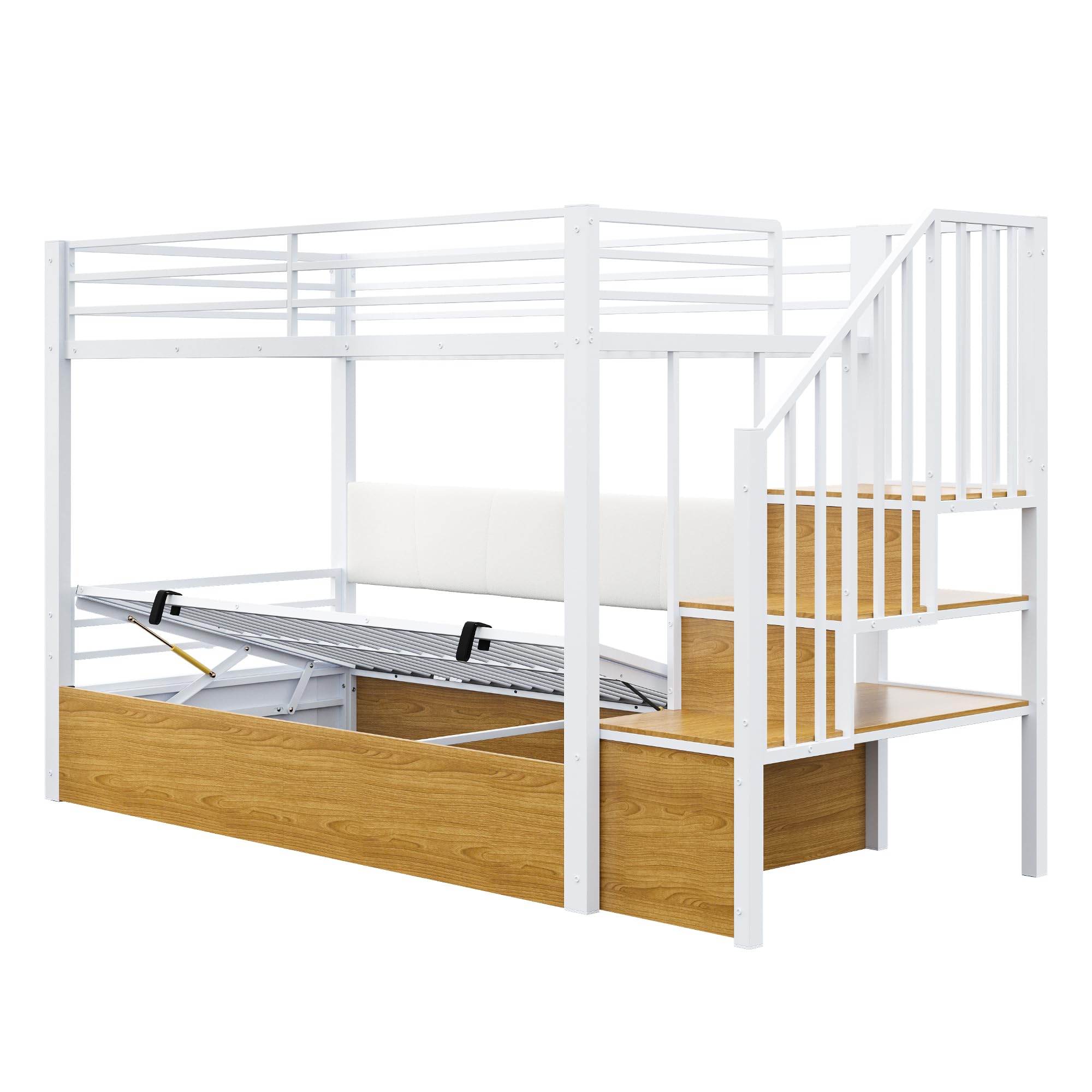 Kinderbett Etagenbett 90x200, Hochbett mit Hydraulisch Stauraum und Treppe, Hausbett mit Rückenlehne aus PU, Metall Bett Bettgestell mit Lattenrost und Rausfallschutz, Ohne Matratze (Weiß)