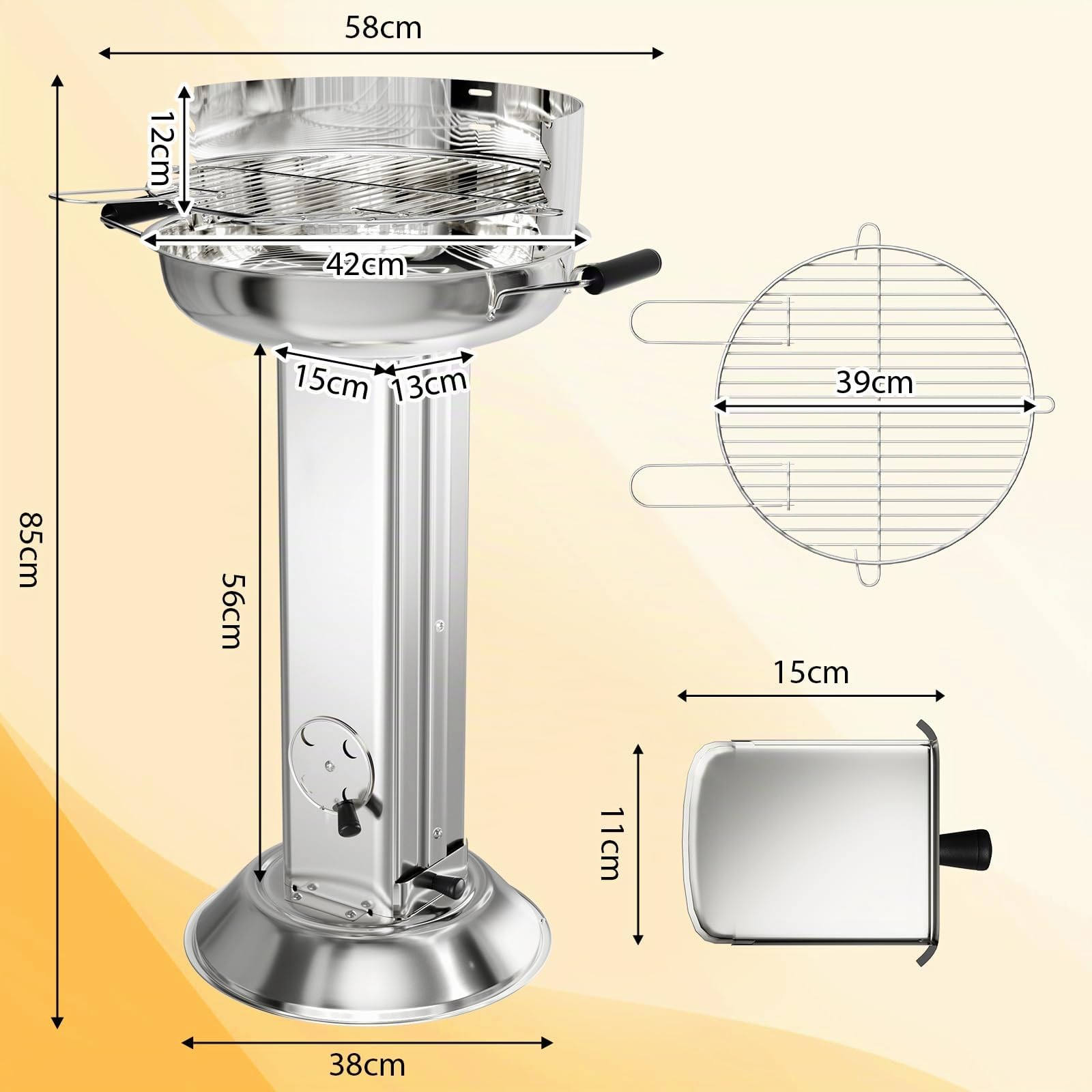 TLGREEN 58*42*85cm Barbecue a colonna in acciaio inox, Barbecue da esterno con griglia cromata, Cassetto cenere e ventilazione, Altezza regolabile in 4 posizioni, per Outdoor, Giardino, BBQ, Balcone