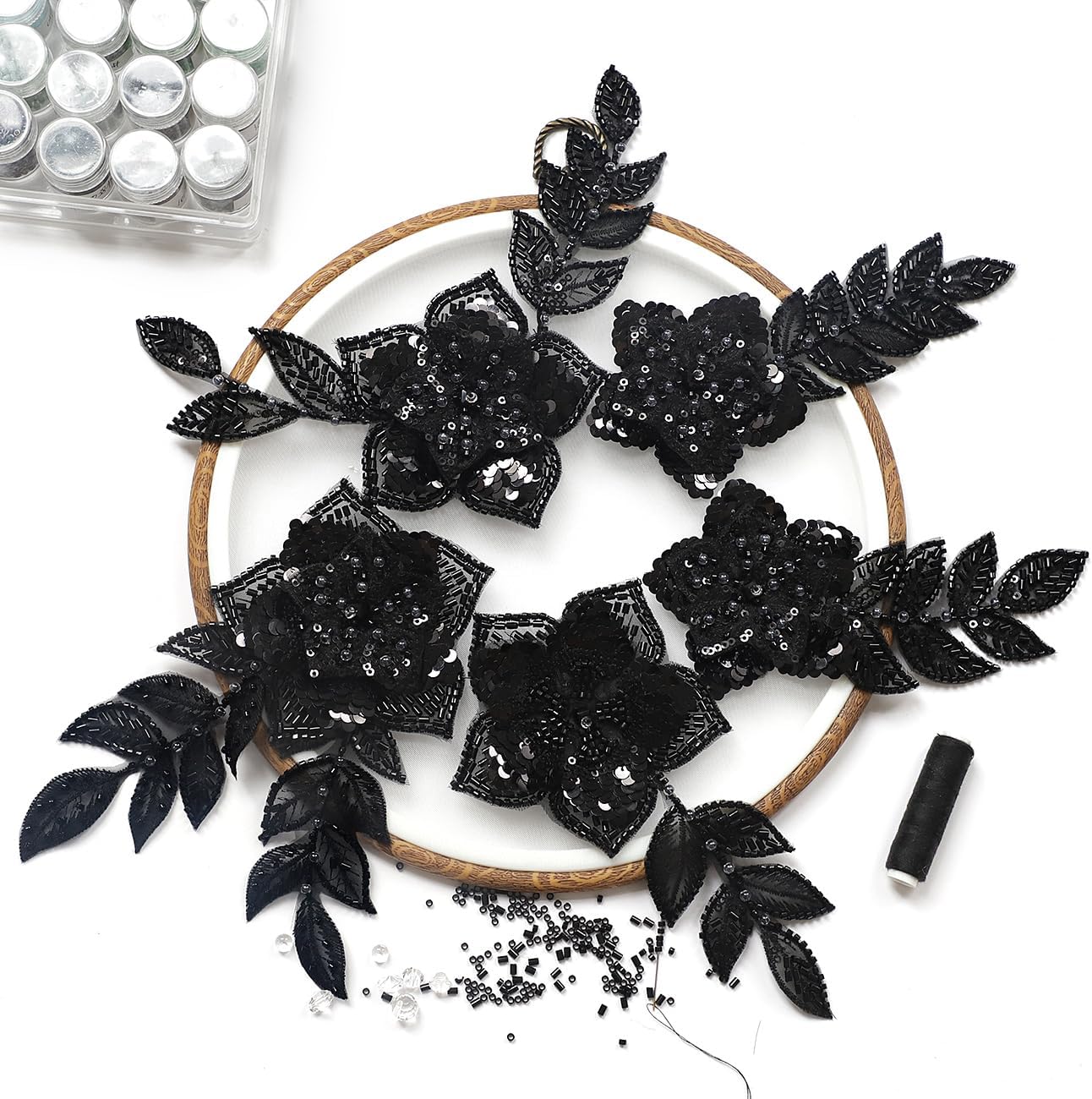 HHQ Black Beaded Appliques Embellishments for Dresses Handmade Sparkling Lace Flower Patches Sewing Beads Stones Sequins Bling Bodice Applique Rhinestone DIY Decorative Clothes (SJ02-BK)