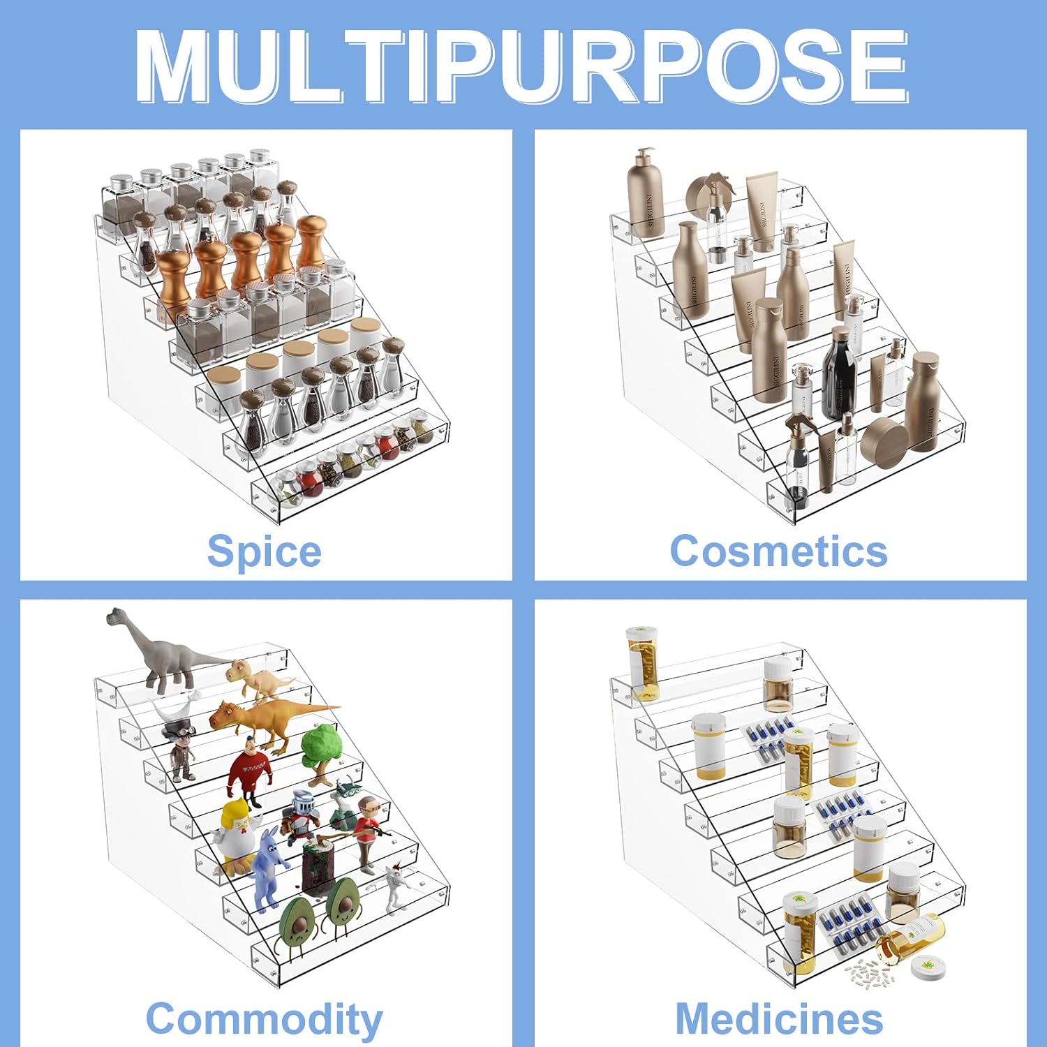 Tiered Spice Rack Acrylic, 7 Tier Clear Spice Rack Organizer for Cabinet, Vertical Spice Rack Shelf Durable Kitchen Seasoning Organizer for Countertop, Cabinet, Pantry, Kitchen Storage (7 Tier)