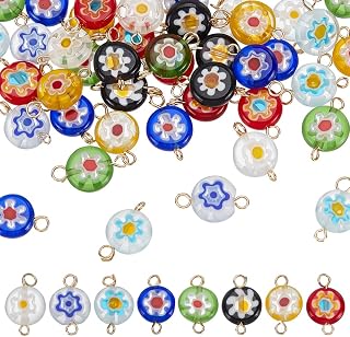 Millefiori Lampwork Charms Glass Lampwork Connectors Flat Round Floral Charm Colorful Spacer Loose Dangle Charms for Jewelry Making