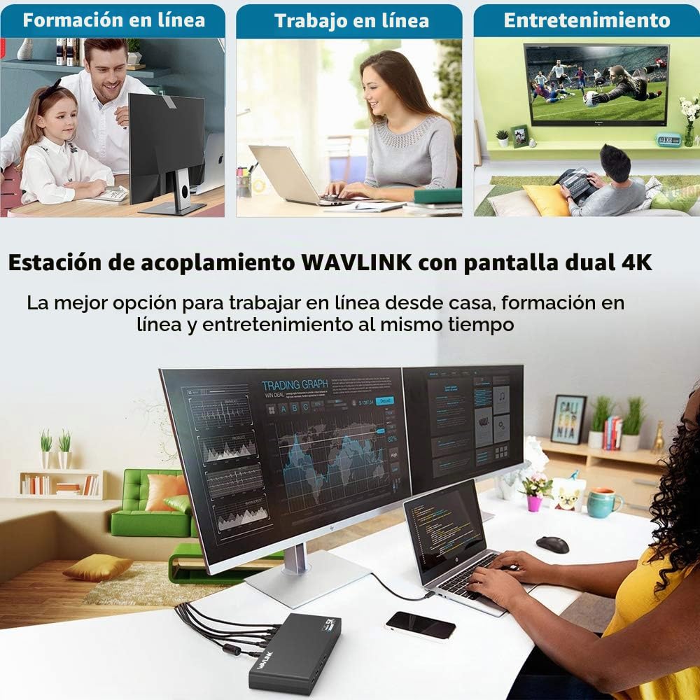 WAVLINK USB C＆3.0 Ultra 5K Docking Station HD Dual Video Multifunción Display con 2x5K DP Puertos, 2x4K HDMI Puertos, 6xUSB 3.0, Gigabit Ethernet, Audio out y Mic in, para MacBook Neo