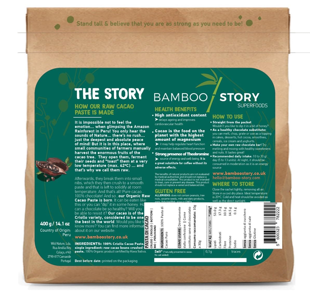 Crudo | BAMBOO STORY | Pasta di Cacao in Bottoni | Criollo | Biologico/BIO | 100% Cacao | Senza zuccheri aggiunti | 400 g | Origine 100% Perù