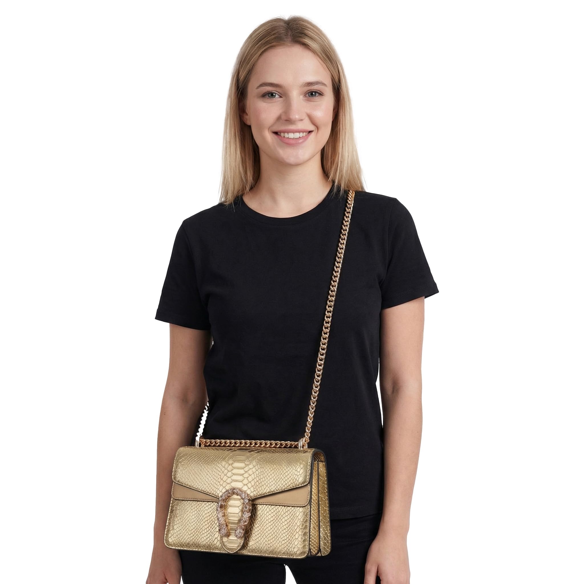 Bolso bandolera y de mano, de piel sintética, de mujer, con estampado de serpiente clásico, con cadena.