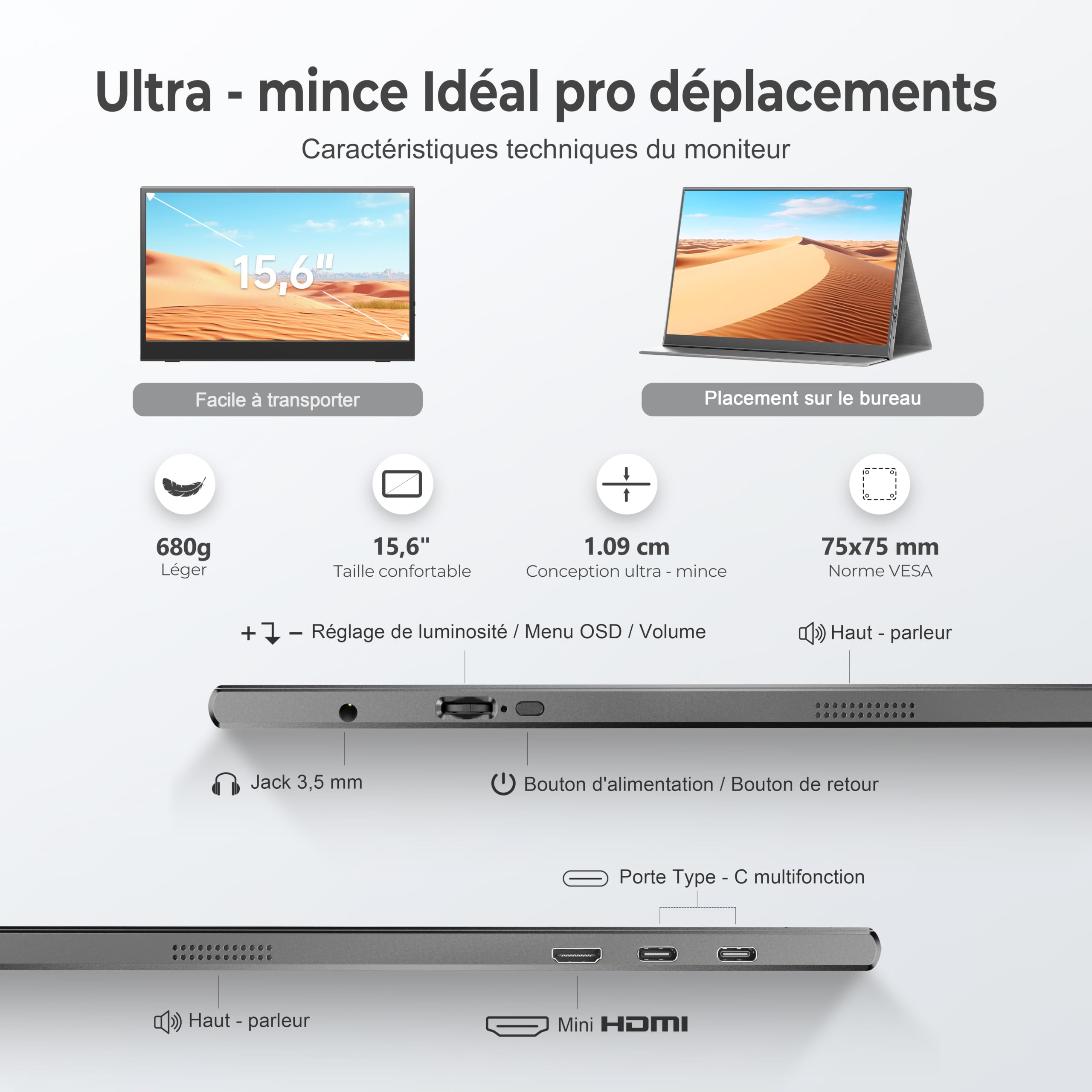 UFYQL 15,6" Écran Portable FHD 1080P 60Hz IPS Mate | Housse intelligente, haut-parleurs, VESA 75×75 mm, HDR, écran d’extension pour PC / Mac / portable / Xbox / PS / Switch