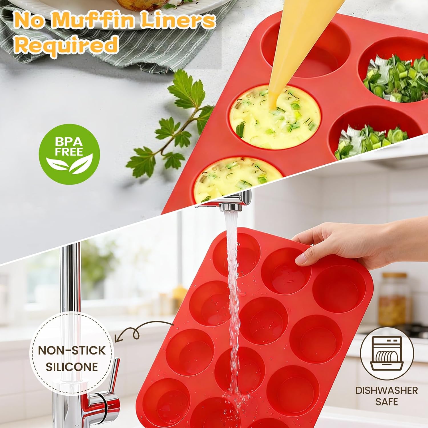 Silicone Muffin Pan, Mini Muffin Pan, Regular 12 Cups and Mini 24 Cups Cupcake Tin Set of 2 for Baking Egg Bites - Image 7