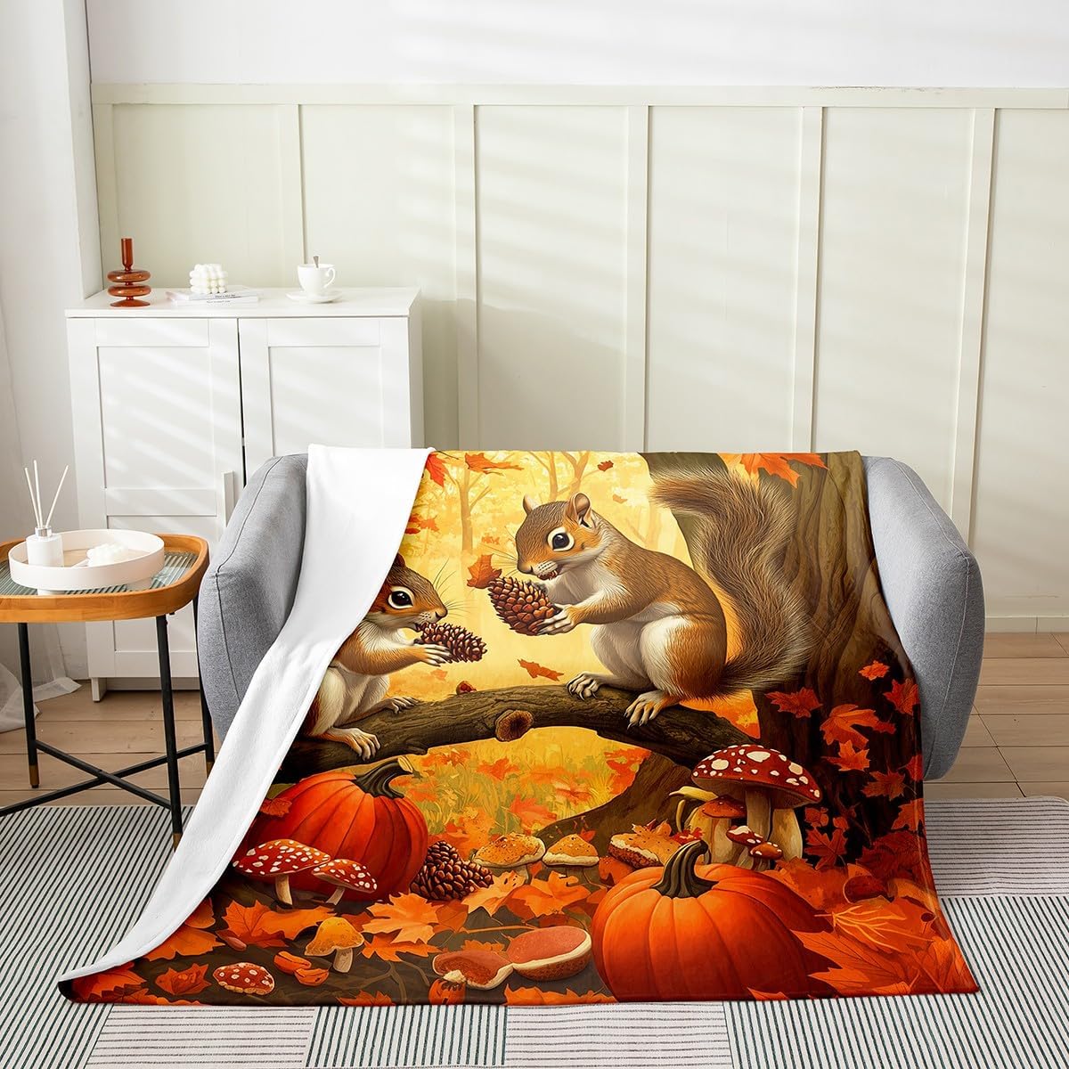 Erosebridal Squirrel Blanket Queen 90x90, Pumpkin Thanksgiving Throw Blanket for Sofa Bed, Maple Leaves Mushroom Luxury Soft Kids Girls Fleece Blanket, Orange Red Autumn Harvest Cozy Fuzzy Blanket