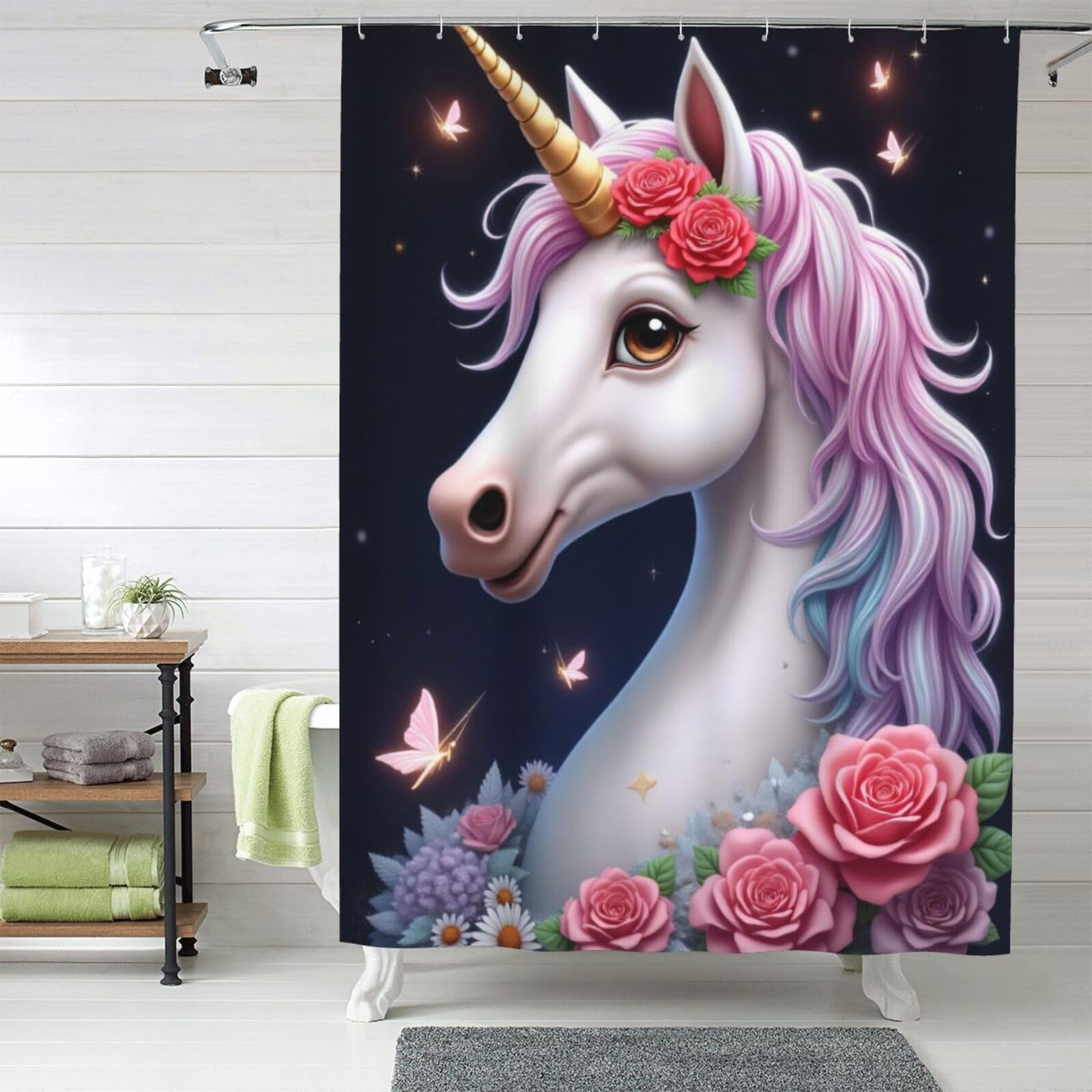 Rideau de douche chevaux roses 152x183 cm en tissu épais lavable
