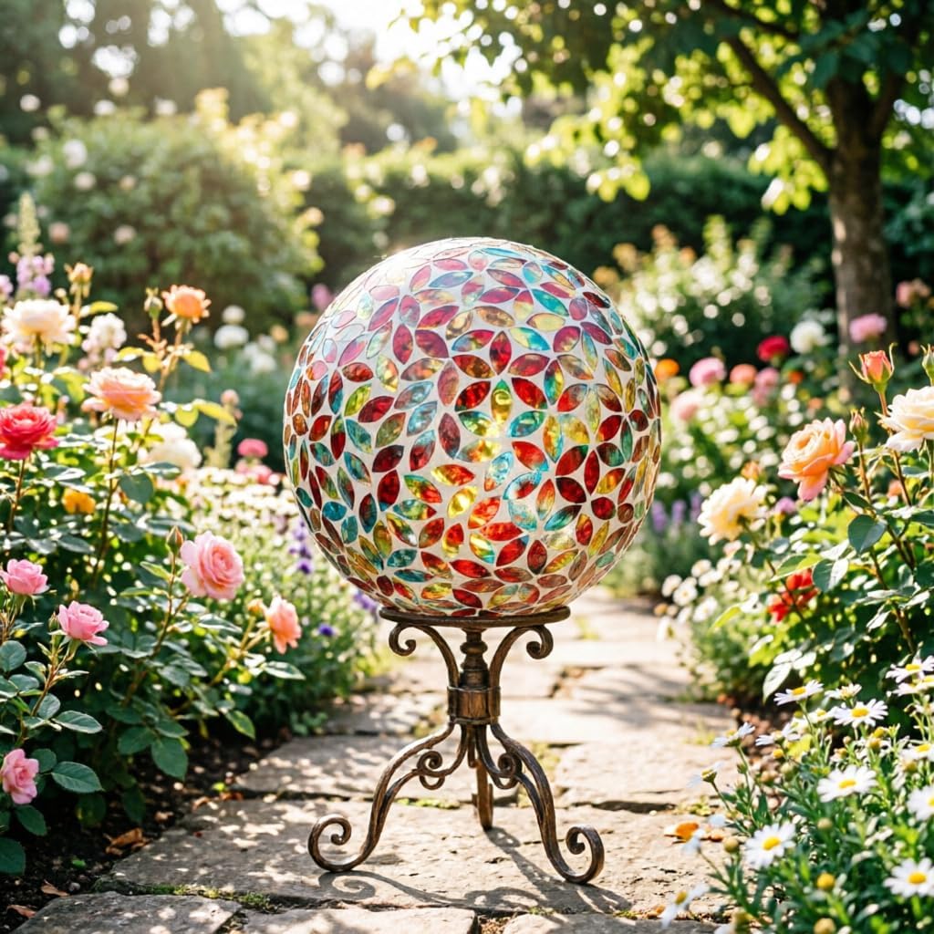 Kunjocy 10-Inch Mosaic Glass Gazing Ball Indoor Outdoor Reflective Garden Globes Sphere for Patio Lawn Yard Decor (Orange-Red Pearlized Petals)