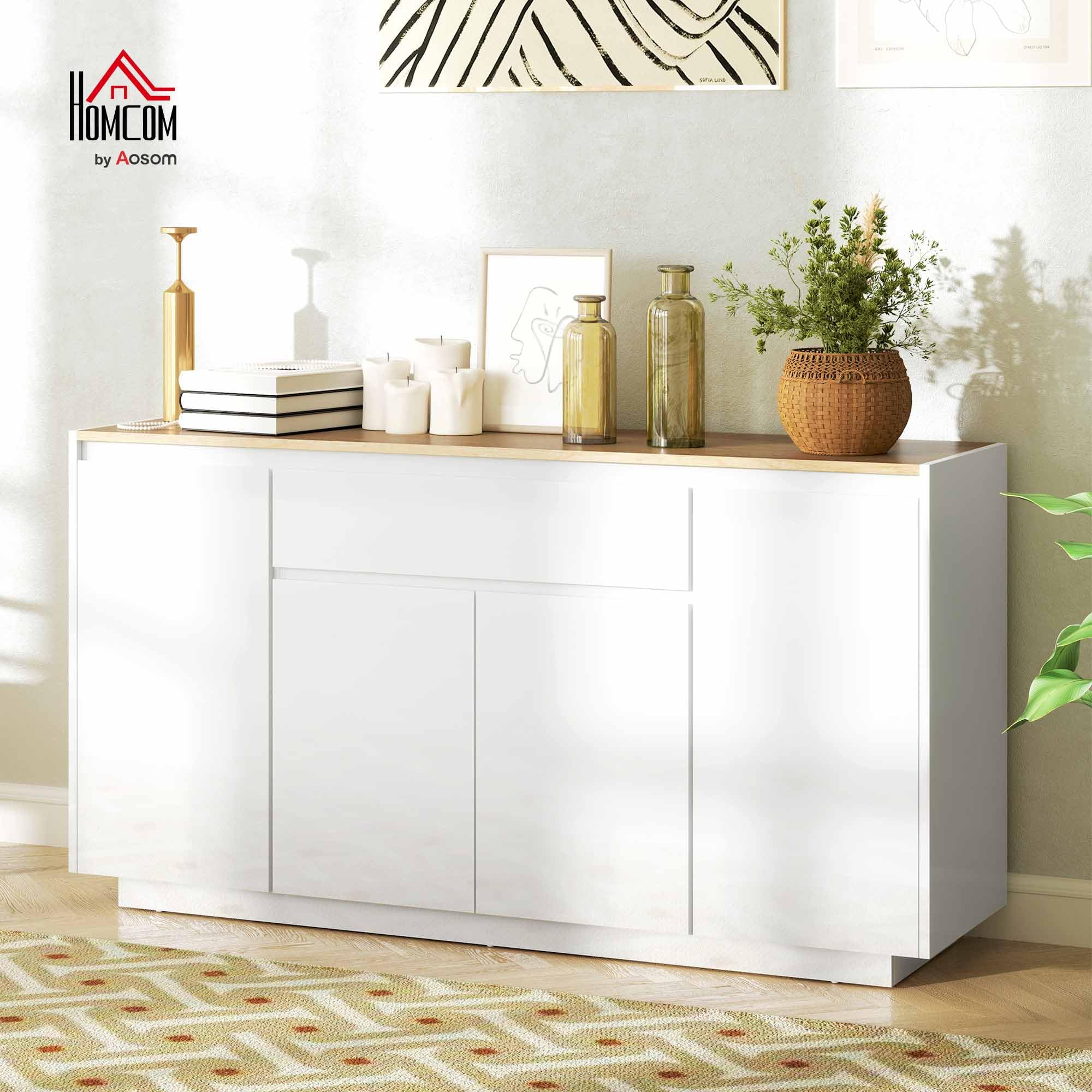 HOMCOM Credenza Cucina con 3 Armadietti a 4 Ante, Mobile Cucina Moderna con Cassetto, Ripiano Regolabile e Ante Soft-Close, Madia in Legno MDF per Soggiorno, Sala da Pranzo, 140x40x75 cm, Bianco