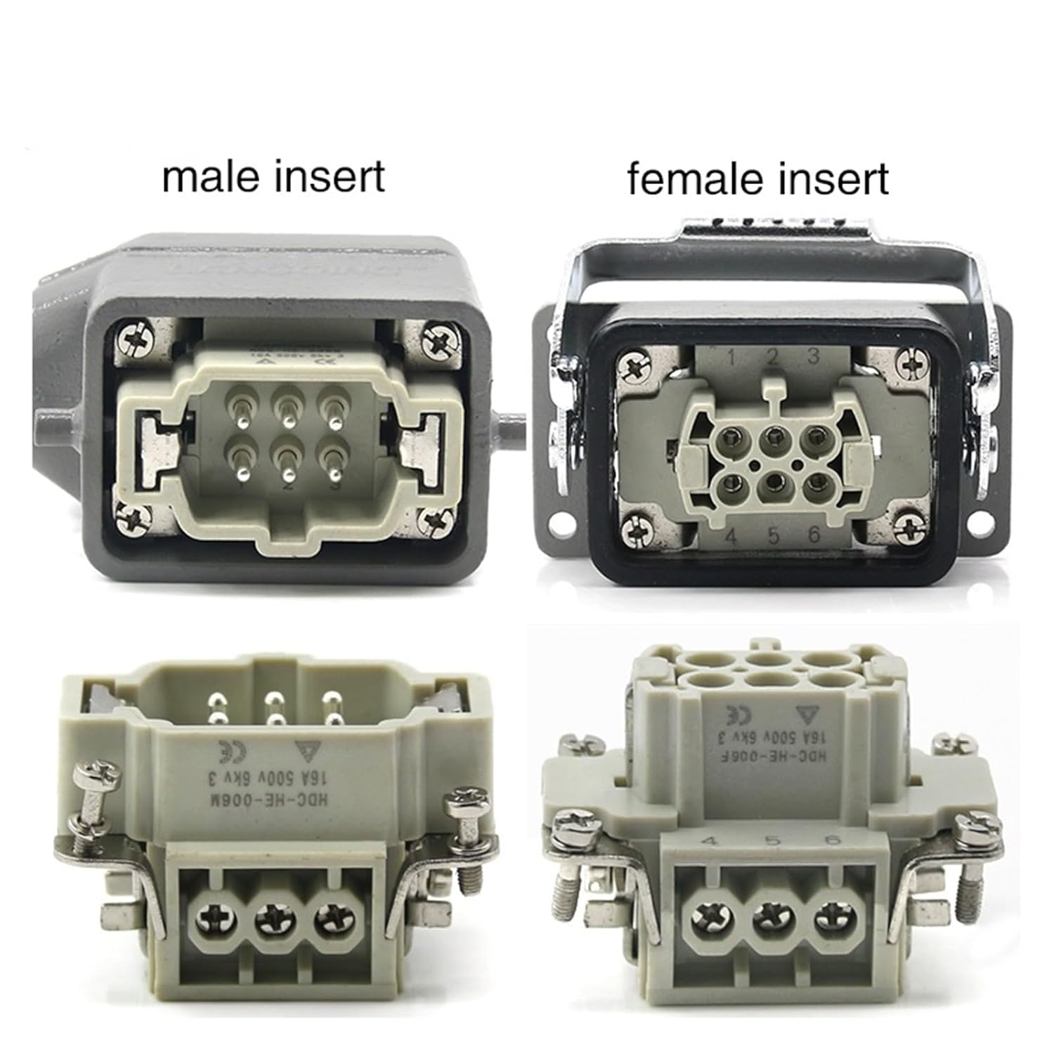 HDC-HE-006 Rectangular Heavy Duty Connector 6 Core Pins Aviation Socket 10A 250V 1Pcs(T)