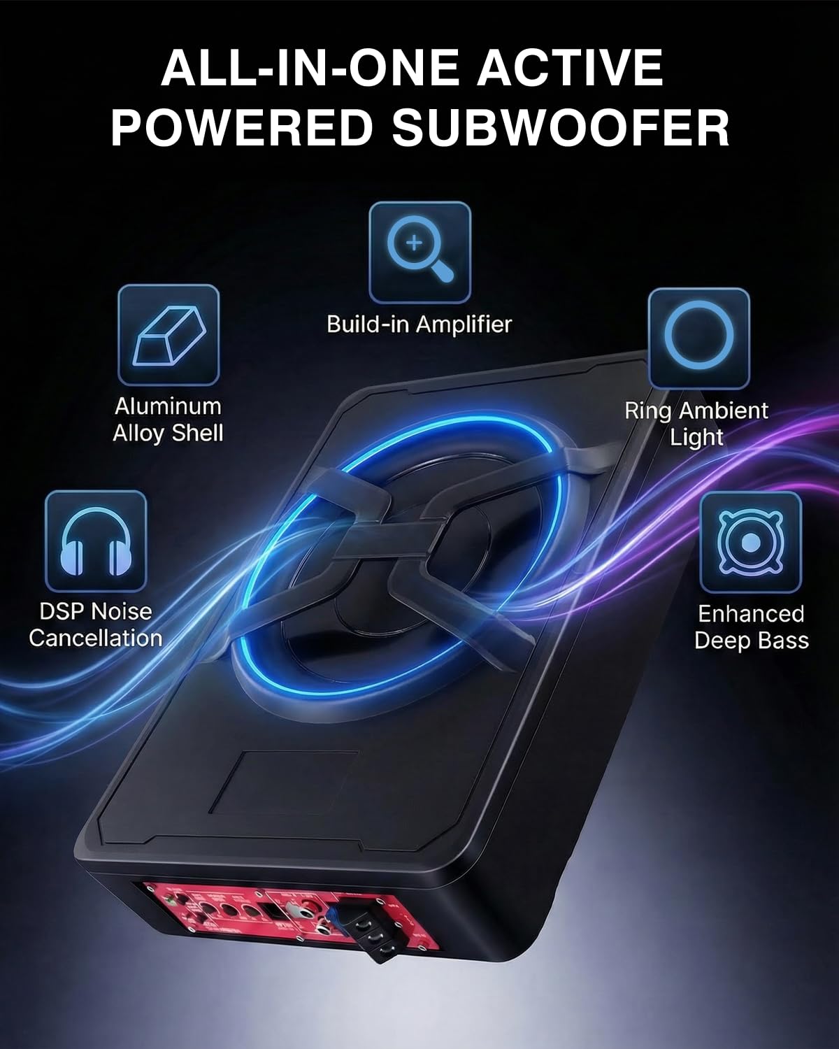 Subwoofer attivo per auto, si adatta sotto i sedili, potenza massima 1200 W, 10 pollici, con illuminazione ambientale, modulo amplificatore integrato, subwoofer compatto e potente.