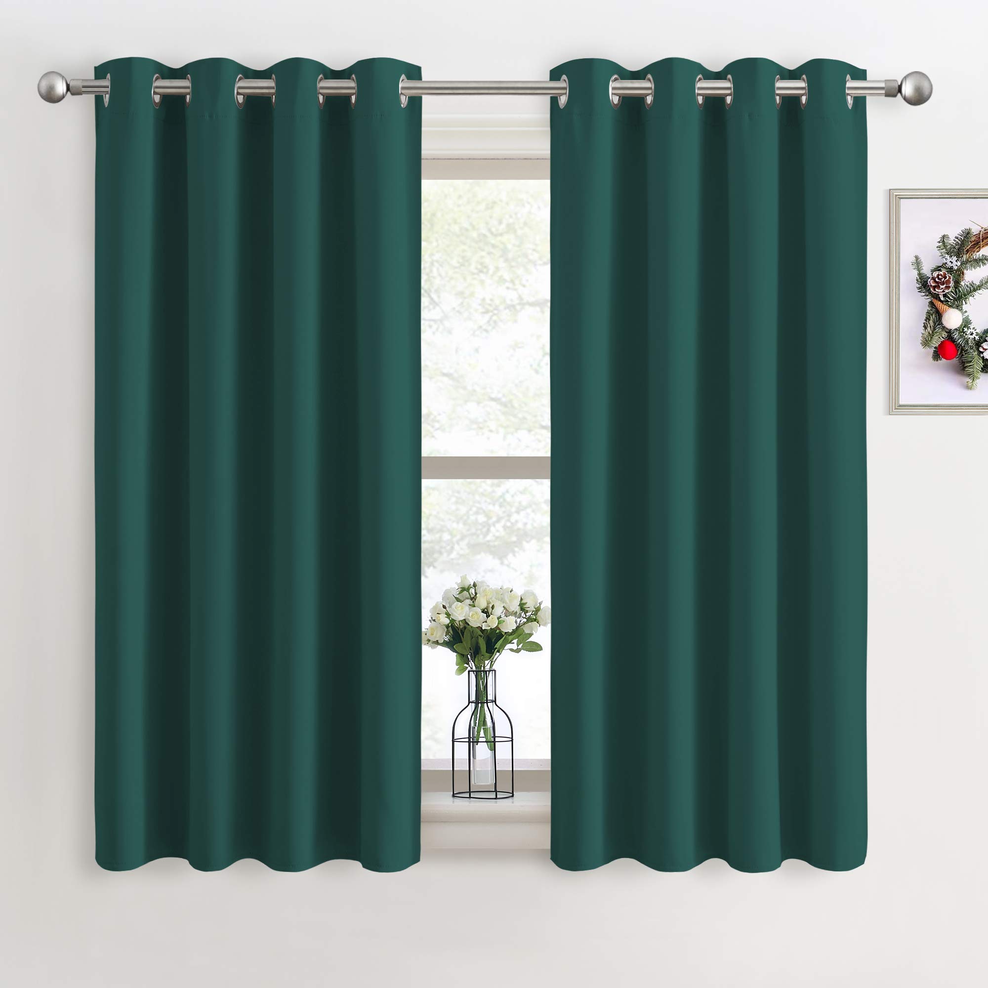 PONY DANCE Eyelet Dark Green Eyelet Christmas Curtains - Thermal Insulated Blackout Curtains Super Soft Short Window Treatment 46 x 54-inch for Bedroom/Kitchen/Small Window, Set of 2OEKO-TEX STANDARD 100