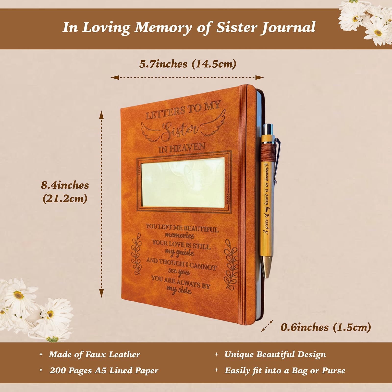 Prezenty pamiątkowe dla siostry, dziennik listów do mojej siostry w niebie, 200 stron, notatnik A5 w linie z okienkiem w okładce, 'In Loving Memory of Sister', współczucie, kondolencje, pamiątka