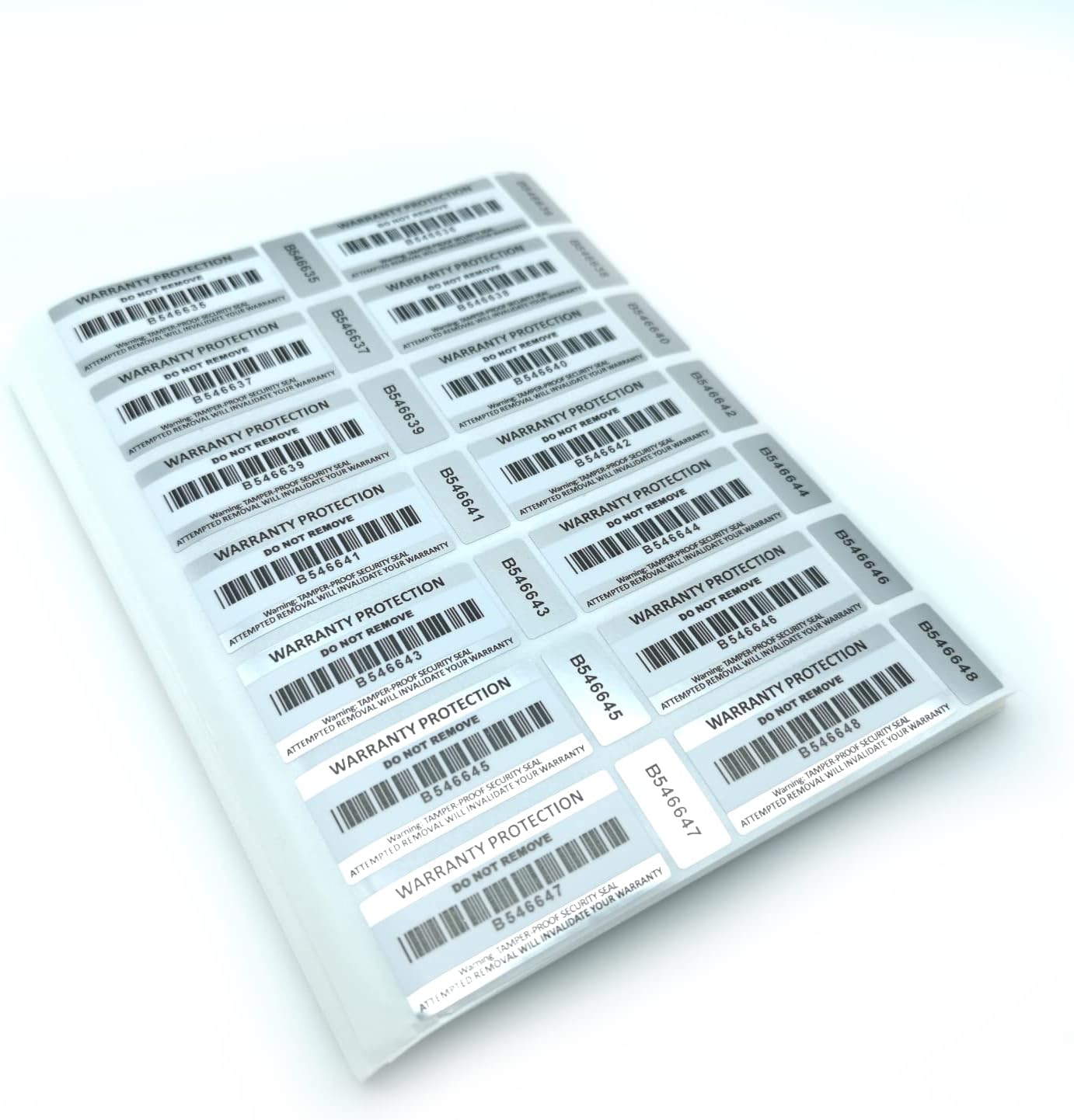Tamper Proof Barcode Stickers in 7 Pack Sizes (50-2500pcs) Two Part Labels with Unique Serial Numbers (100)